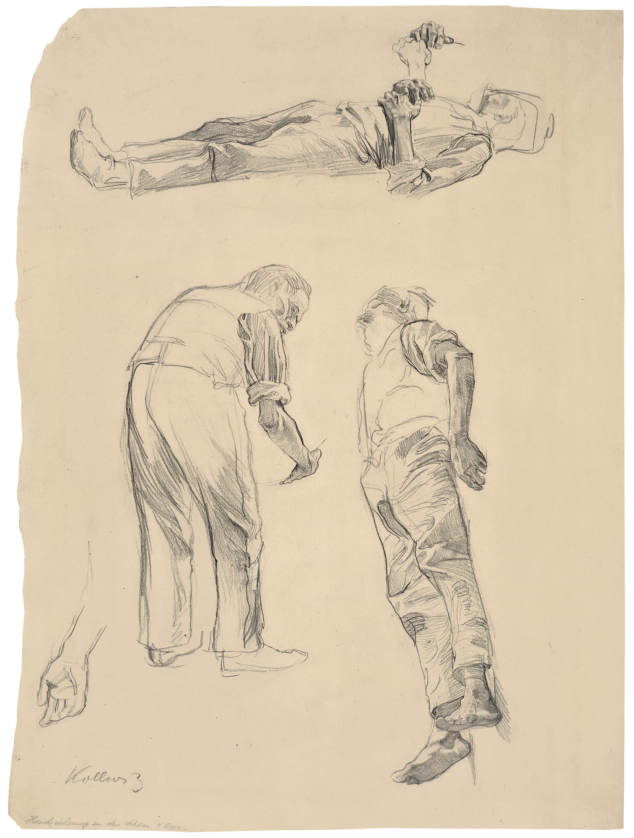 Käthe Kollwitz, Studienblatt mit gegenseitigen Vorstudien zu Blatt 6 des Zyklus »Ein Weberaufstand«, 1897, Bleistift auf Karton, 380 x 505 mm, NT 134, Kollwitz Museum Köln, Inv. Nr. 70200/91020. 