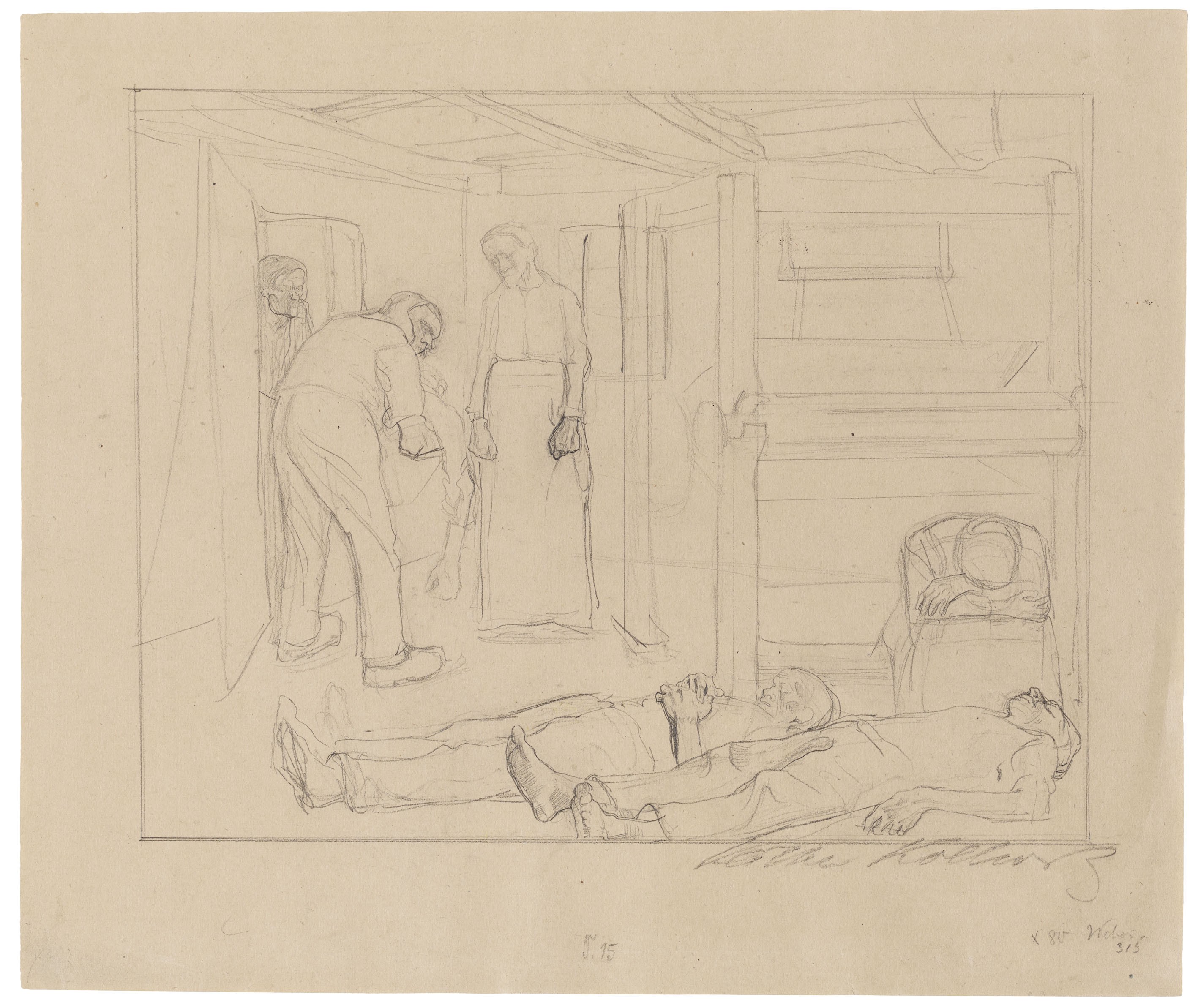 Käthe Kollwitz, Studienblatt zu Blatt 6 des Zyklus »Ein Weberaufstand«, 1896 (1897?), Bleistift, 409 x 492 mm, NT (133a), Kollwitz Museum Köln, Inv. Nr. 70200/91017.