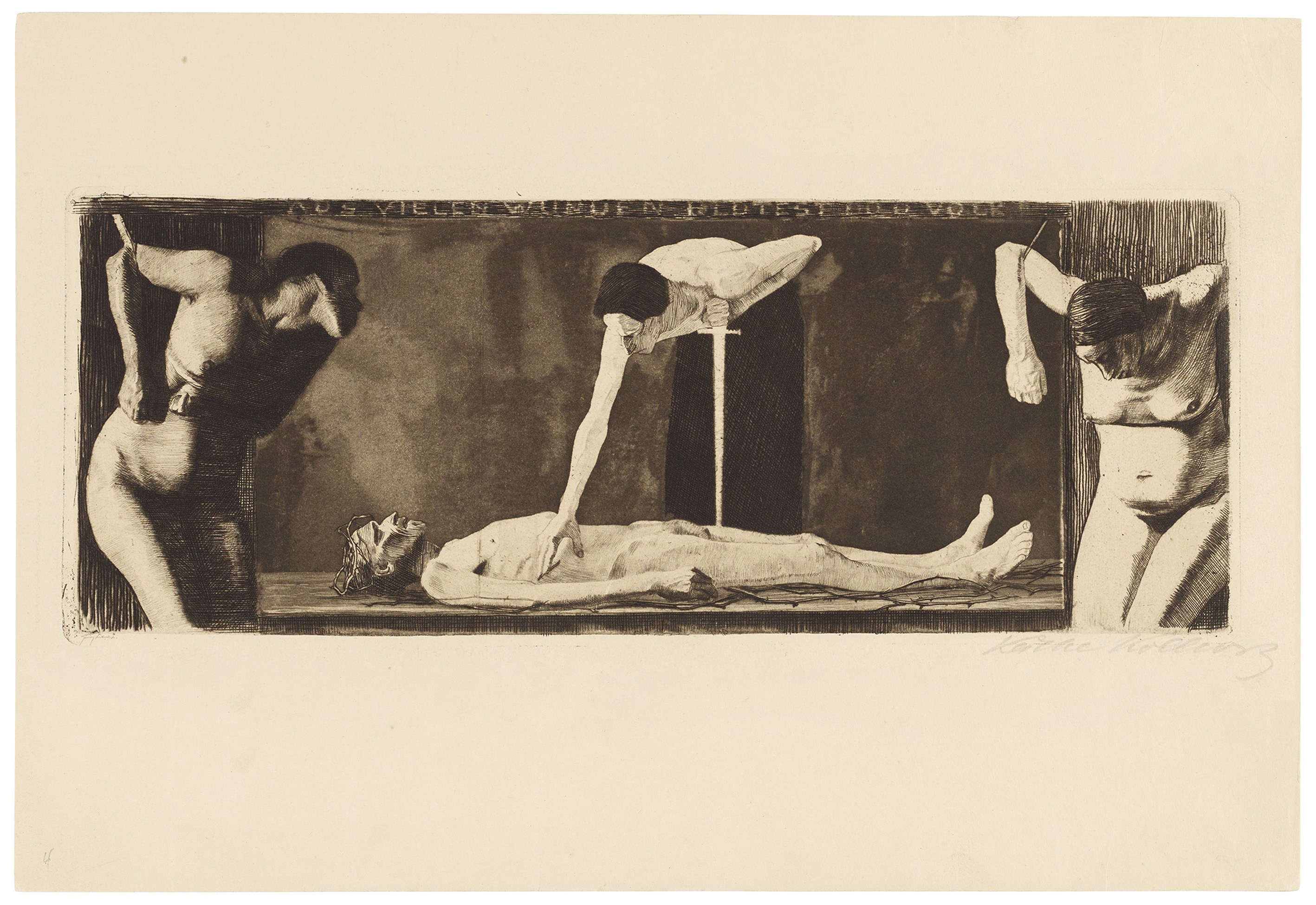Käthe Kollwitz, »Aus vielen Wunden blutest du, o Volk«, als Schlussblatt des Zyklus »Ein Weberaufstand« vorgesehen, nicht in den Zyklus aufgenommen, 1893–97, Nadelätzung, Kaltnadel, Aquatinta und Polierstahl, 129 x 335 mm, Kn 32 II c, Kollwitz Museum Köln, Inv. Nr. 70300/85006.