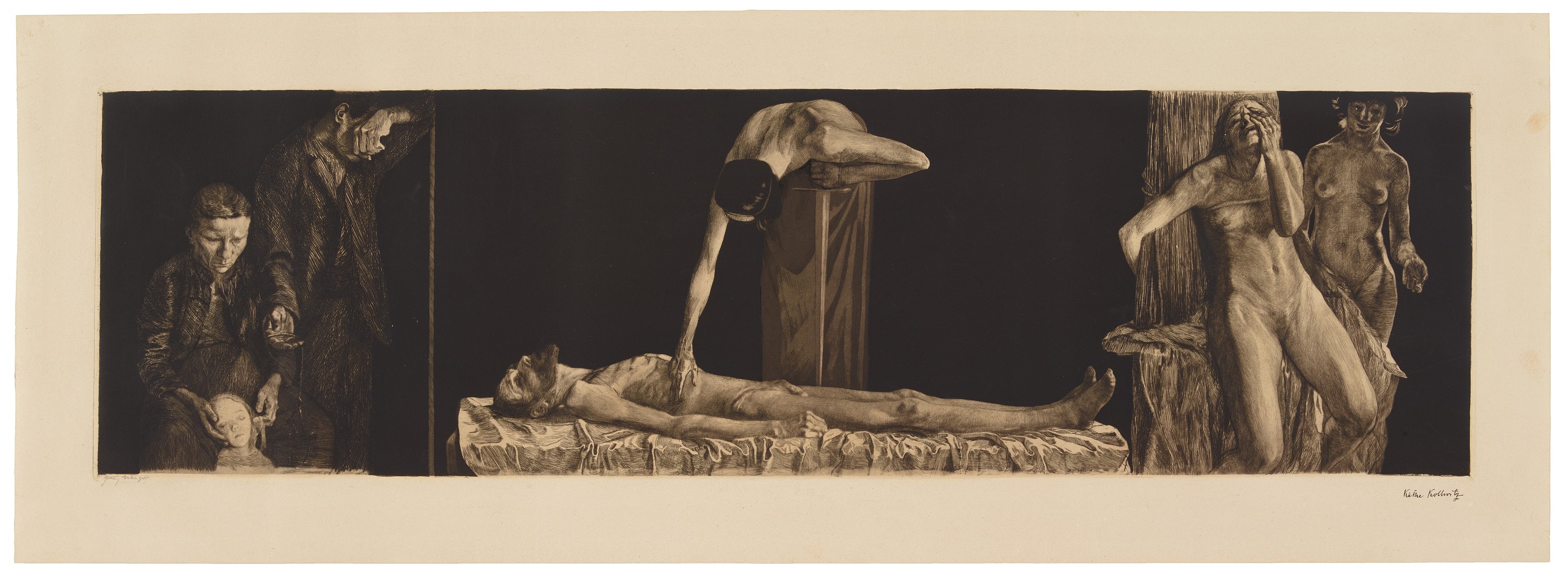 Käthe Kollwitz, Zertretene, 1901, Bearbeitung des Motivs der als Abschlussblatt des Weberzyklus geplanten Radierung »Aus vielen Wunden blutest Du, oh Volk«, Strichätzung, Kaltnadel, Aquatinta und Polierstahl, 239 x 836 mm, Kn 49 III, Kollwitz Museum Köln, Inv. Nr. 70300/22005.