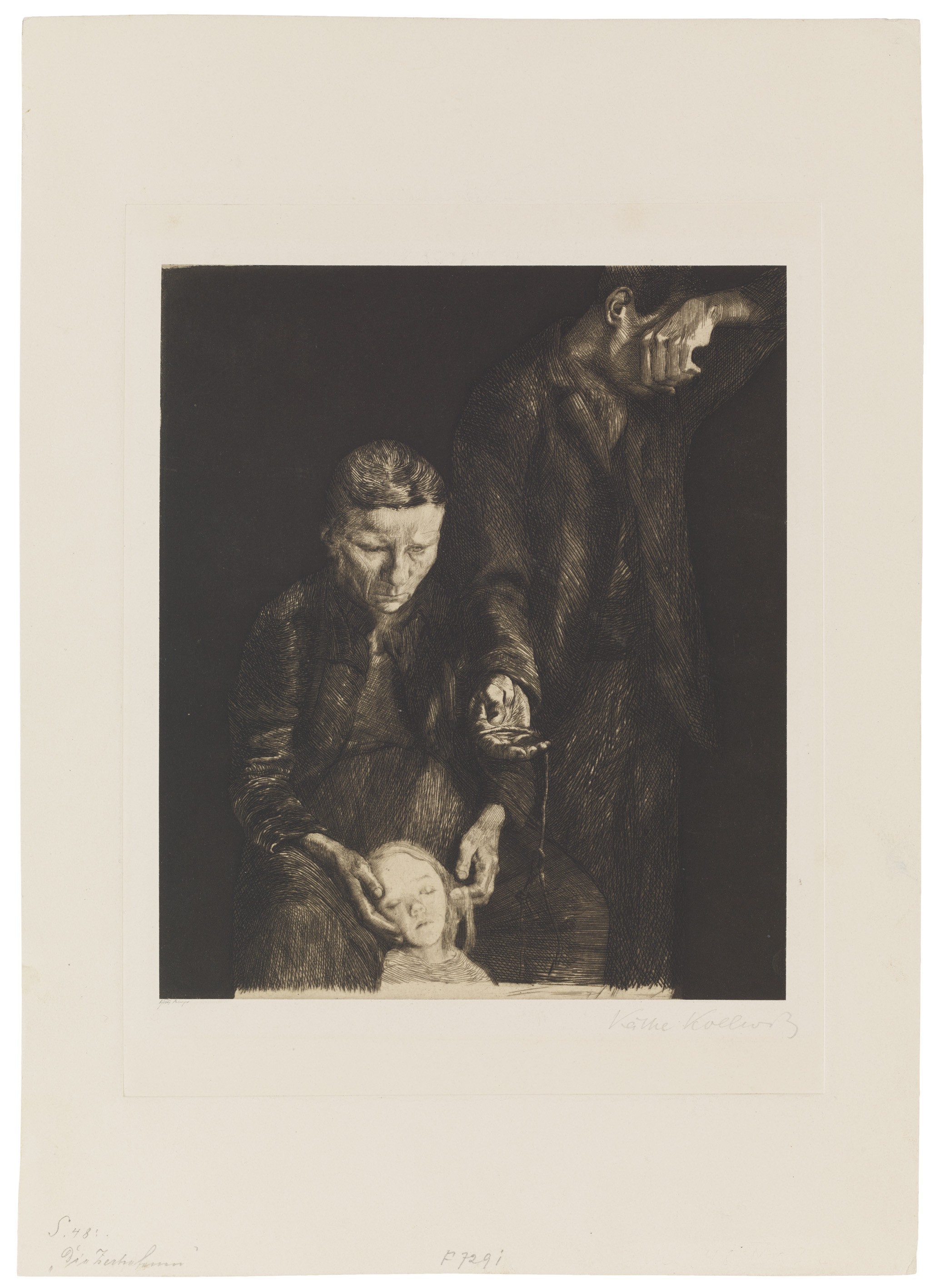Käthe Kollwitz, Zertretene – Arme Familie, linke Szene der ursprünglich dreiteiligen Komposition, 1901, Strichätzung, Kaltnadel, Aquatinta und Polierstahl, 238 x 203 mm, Kn 49bis II A b, Kollwitz Museum Köln, Inv. Nr. 70300/87009.