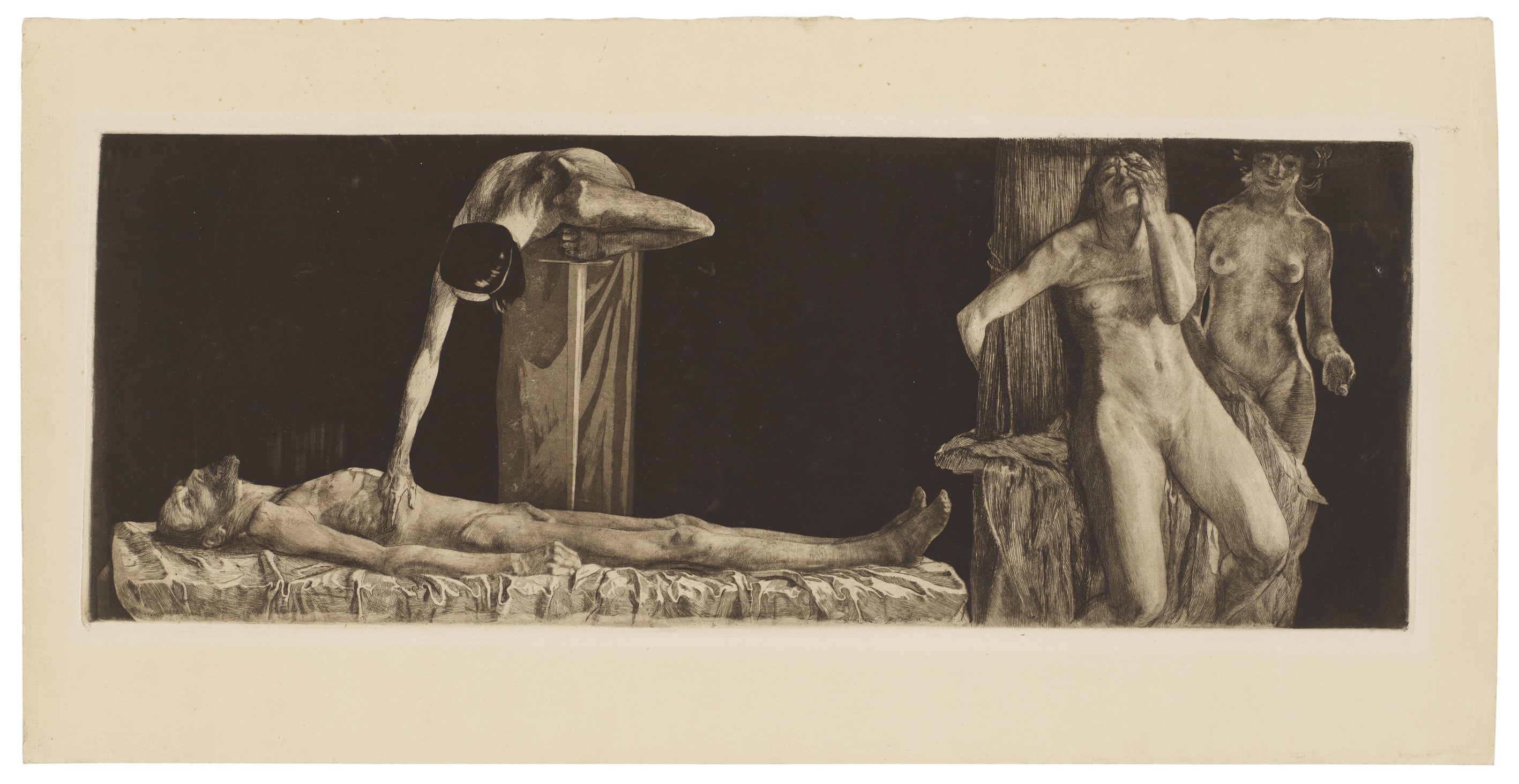 Käthe Kollwitz, Zertretene – Leichnam und Frauenakt am Pfahl, mittlere und rechte Szene der ursprünglich dreiteiligen Komposition, 1901, Strichätzung, Kaltnadel, Aquatinta und Polierstahl, 238 x 628 mm, Kn 49ter a, Kollwitz Museum Köln, Inv. Nr. 70300/85009.