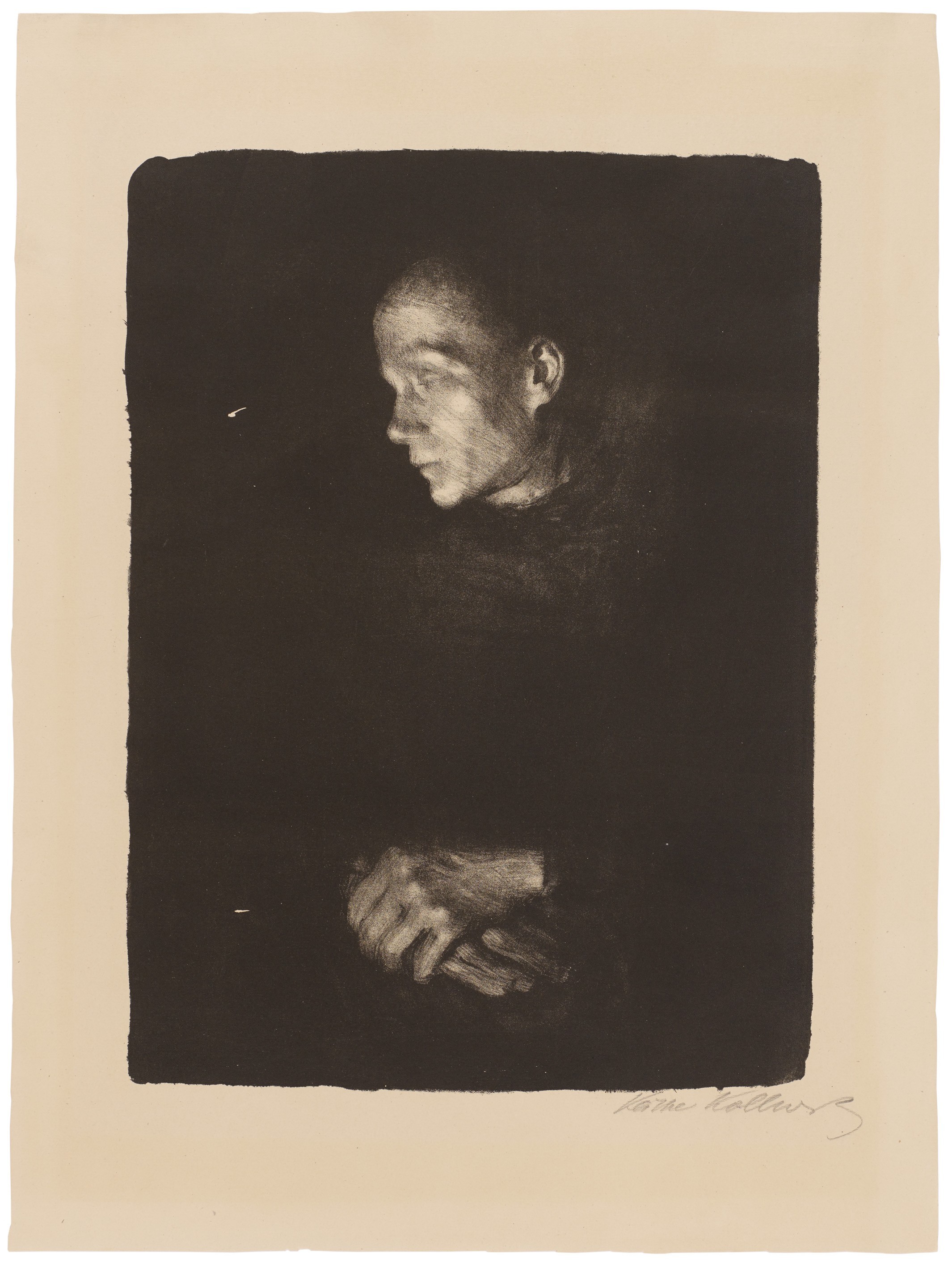 Käthe Kollwitz, Arbeiterfrau im Profil nach links, endgültige Fassung, 1903, Kreide- und Pinsellithografie sowie Schabeisen, 445 x 330 mm, Kn 74 III a, Kollwitz Museum Köln, Inv. Nr. 70300/94010.
