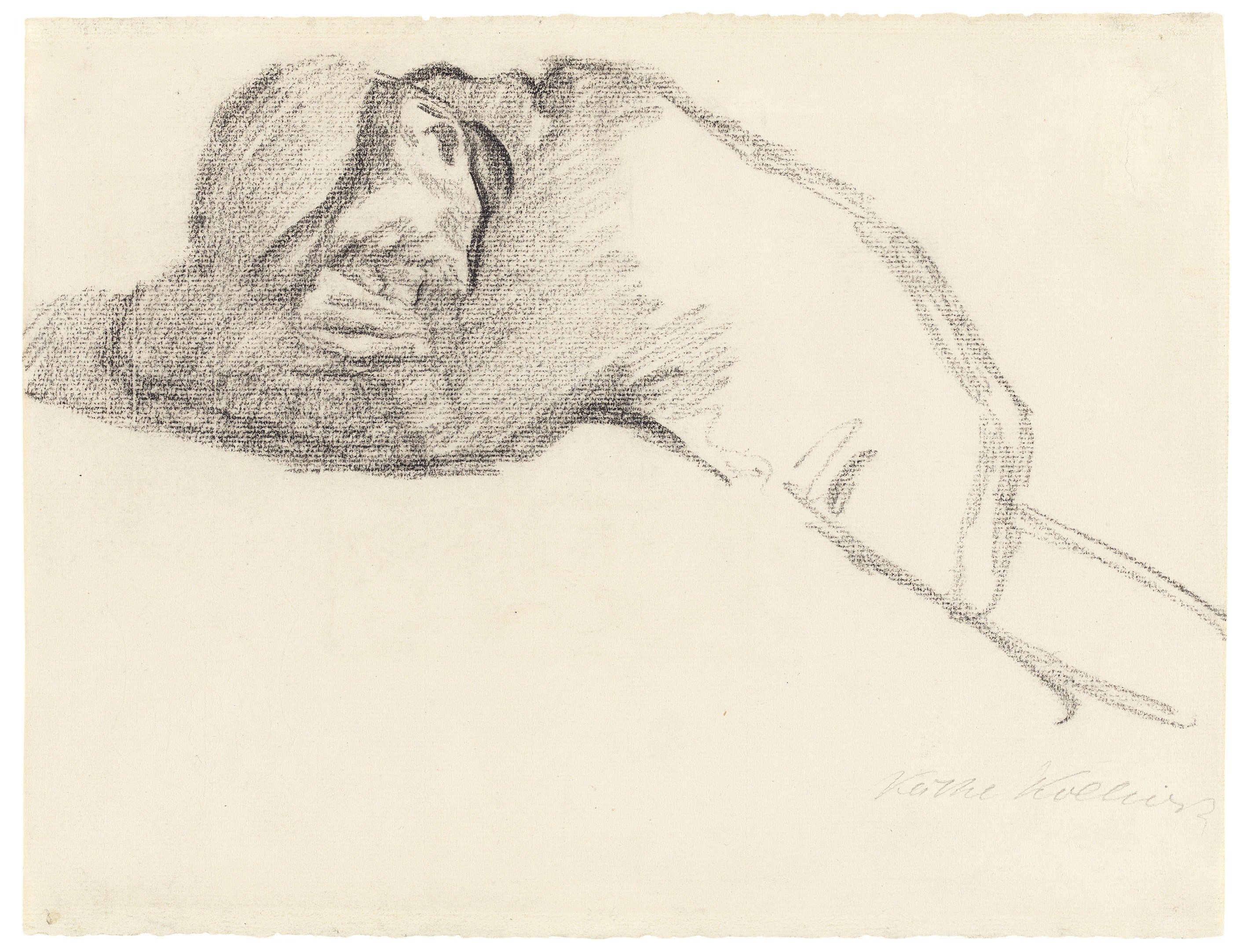 Käthe Kollwitz, Schlafender Mann am Tisch, 1904, schwarze Kreide auf Ingres-Bütten, 240 x 310 mm, NT 278a, Kollwitz Museum Köln, Inv. Nr. 70200/08015.