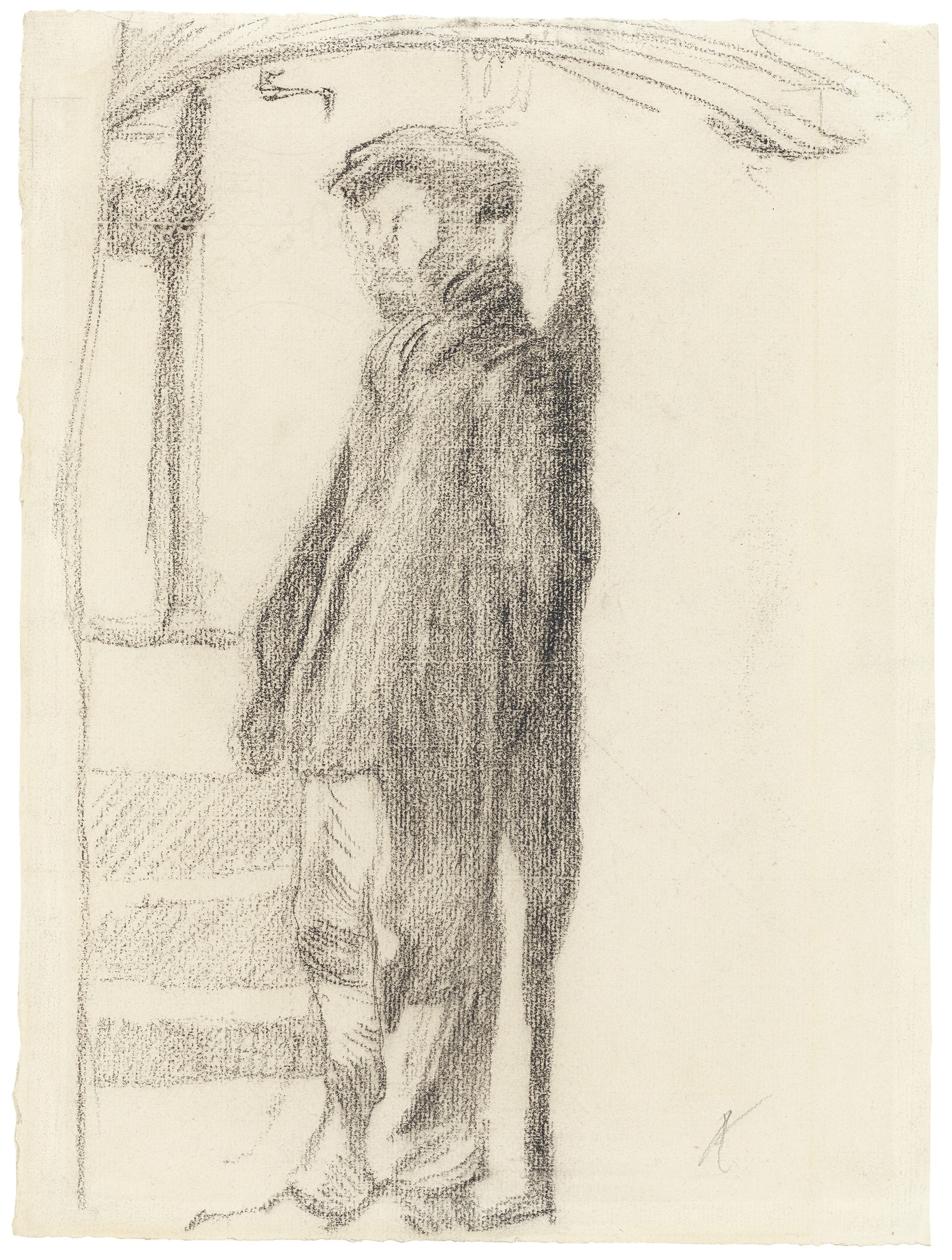 Käthe Kollwitz, Stehender Mann, rücklings an Wand gelehnt, 1904, schwarze Kreide auf Bütten, 315 x 235 mm, NT 275 a, Kollwitz Museum Köln, Inv. Nr. 70200/96020.