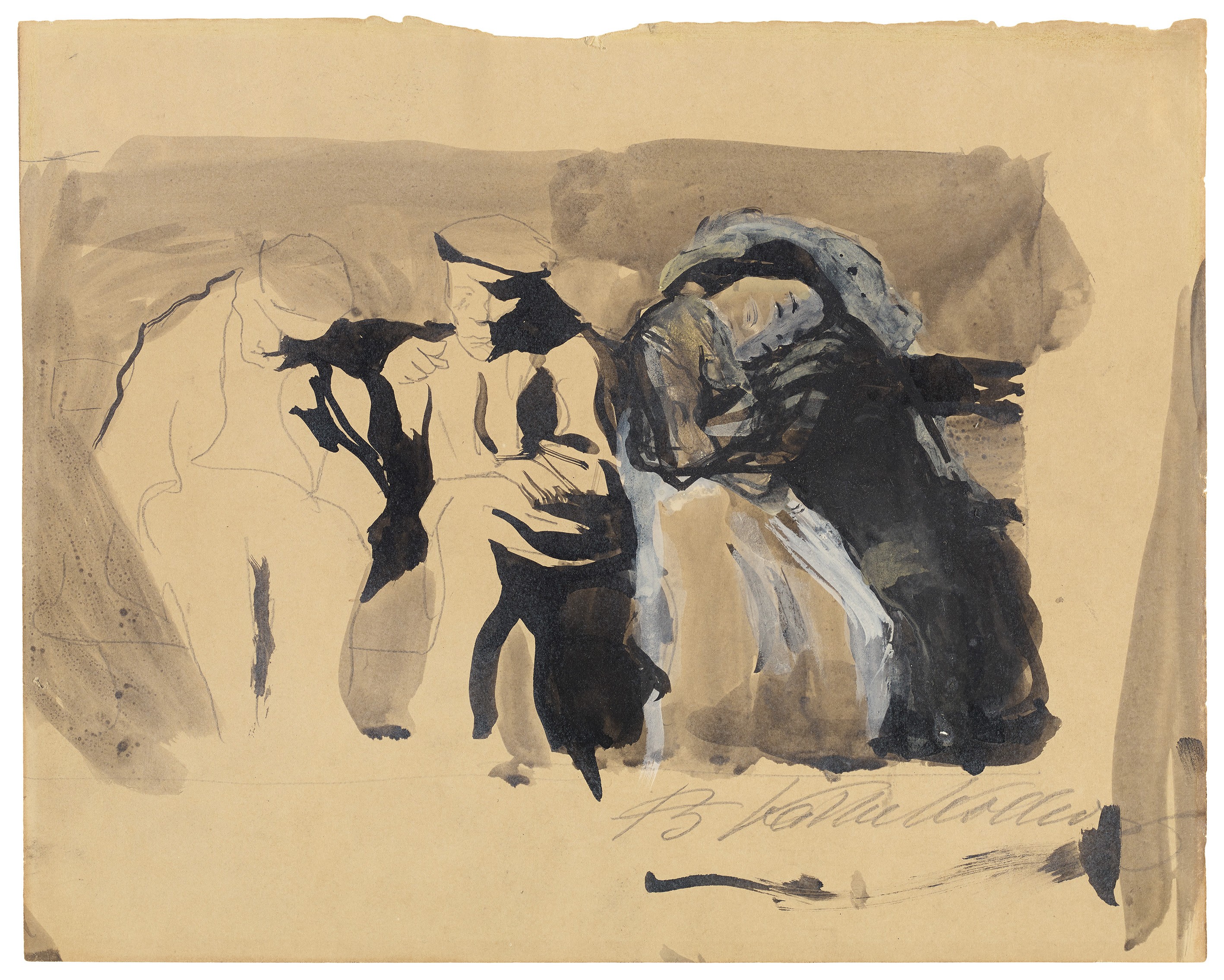 Käthe Kollwitz, Zwei Männer und ein Liebespaar auf einer Bank, 1904, Grafit und Tusche, weiß gehöht, auf cremefarbenem Papier, 208 x 261 mm, NT (287a), Kollwitz Museum Köln, Inv. Nr. 70200/09002.