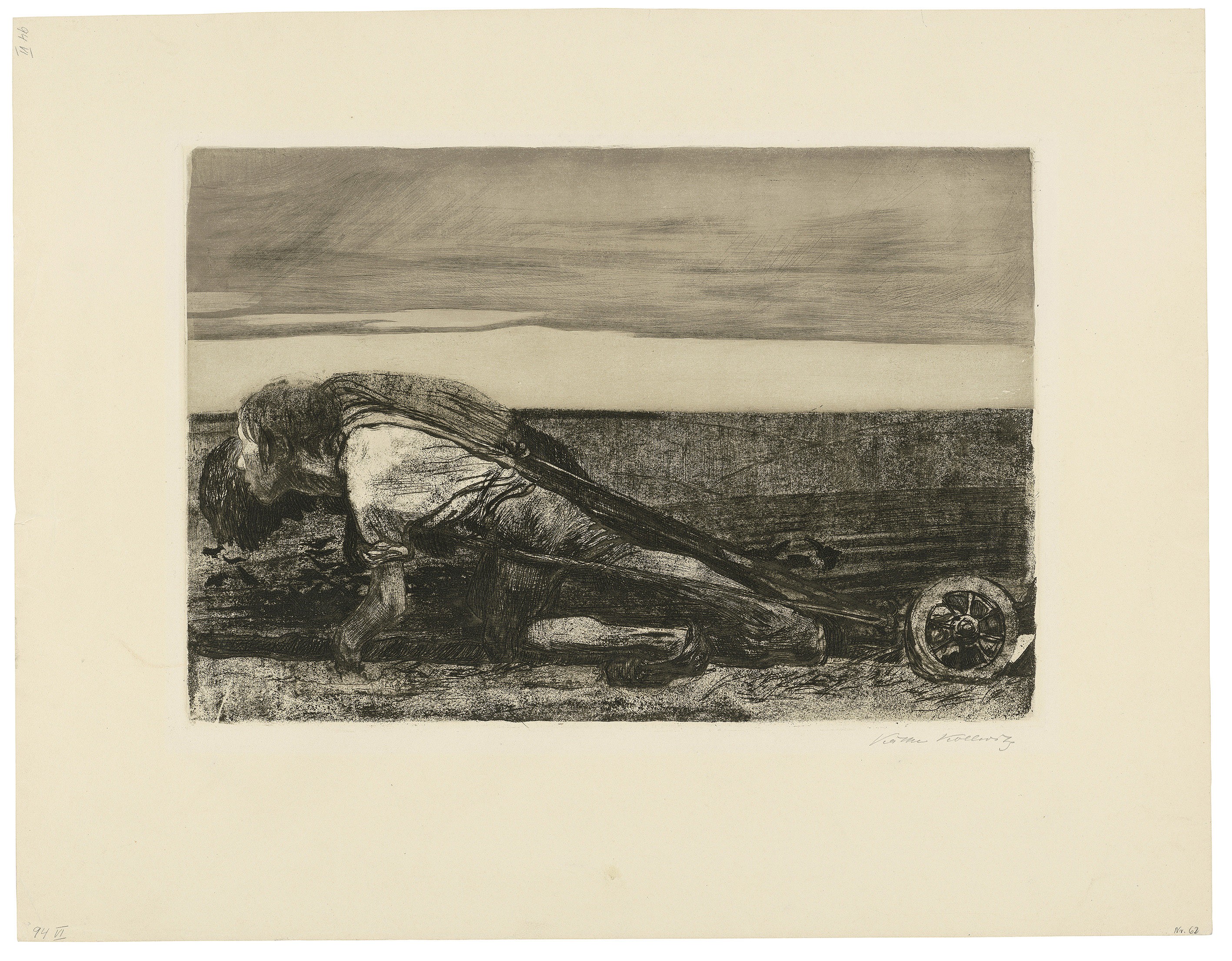 Käthe Kollwitz, Die Pflüger, Blatt 1 aus dem Zyklus »Bauernkrieg«, 1907, Strichätzung, Kaltnadel, Aquatinta, Reservage, Schmirgel, Nadelbüschel und Vernis mou mit Durchdruck von Zieglerschem Umdruckpapier, 315 x 454 mm, Kn 99 VIII b, Kollwitz Museum Köln, Inv. Nr. 70300/23005.