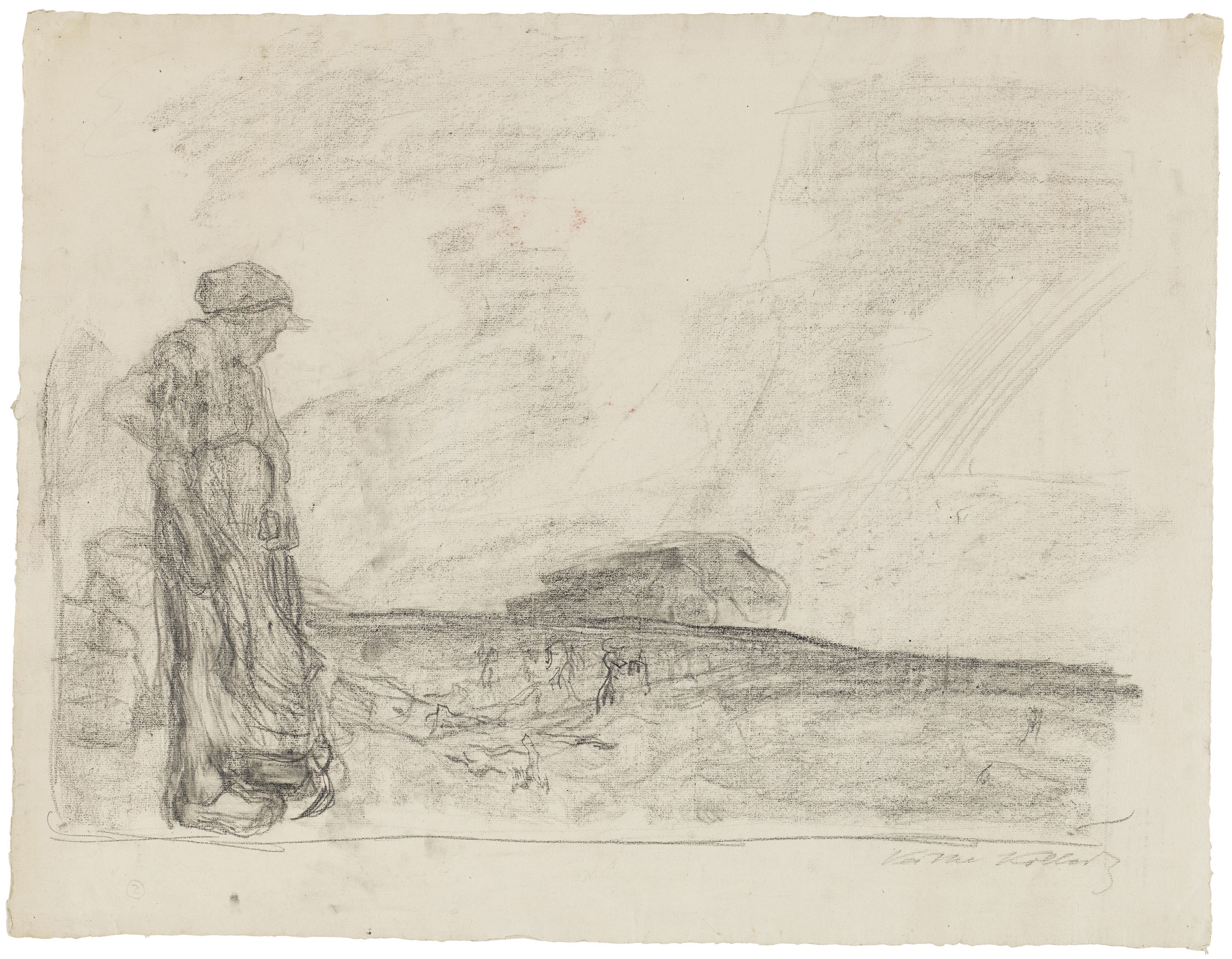 Käthe Kollwitz, Pflüger mit stehender Frau im Vordergrund, um 1904, Bleistift und Kohle auf Bütten, 480 x 625 mm, NT 207, Kollwitz Museum Köln, Inv. Nr. 70200/86001.