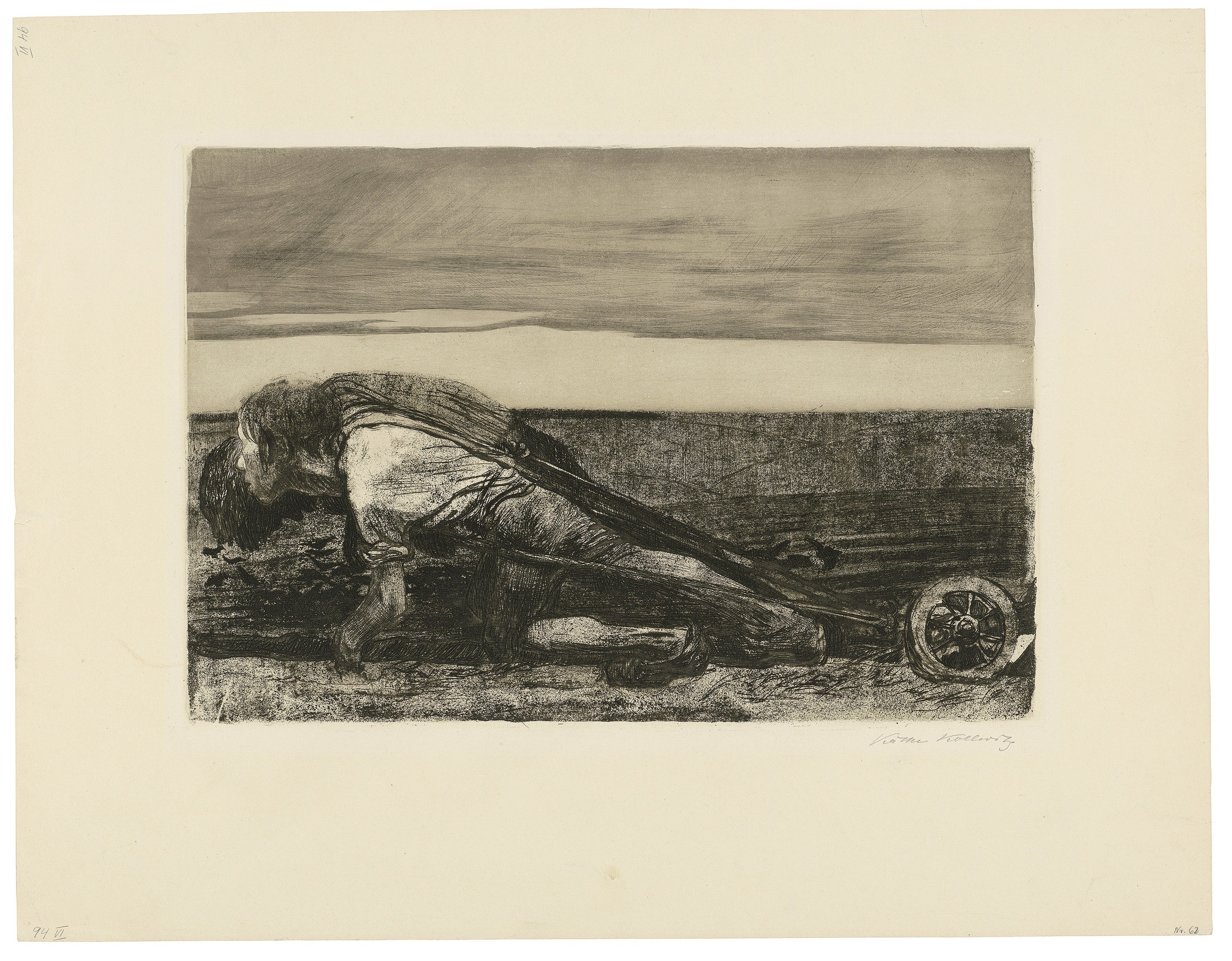 Käthe Kollwitz, Die Pflüger, Blatt 1 aus dem Zyklus »Bauernkrieg«, 1907, Strichätzung, Kaltnadel, Aquatinta, Reservage, Schmirgel, Nadelbüschel und Vernis mou mit Durchdruck von Zieglerschem Umdruckpapier, 315 x 454 mm, Kn 99 VIII b, Kollwitz Museum Köln, Inv. Nr. 70300/23005.