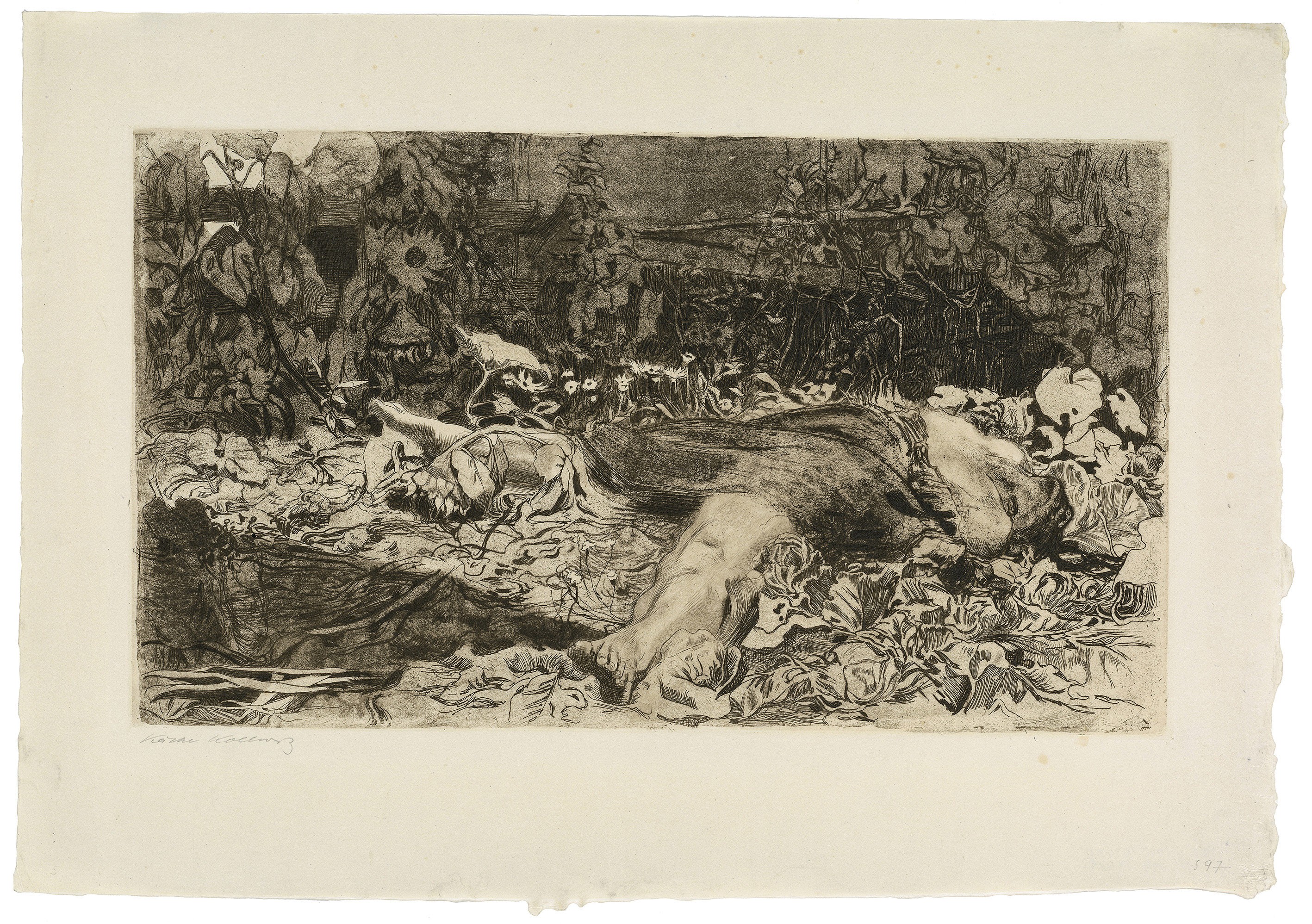 Käthe Kollwitz, Vergewaltigt, Blatt 2 aus dem Zyklus »Bauernkrieg«, 1907/08, Strichätzung, Kaltnadel, Schmirgel, Reservage und Vernis mou mit Durchdruck von Stoff und Zieglerschem Umdruckpapier, 308 x 528 mm, Kn 101 V a, Kollwitz Museum Köln, Inv. Nr. 70300/84019.
