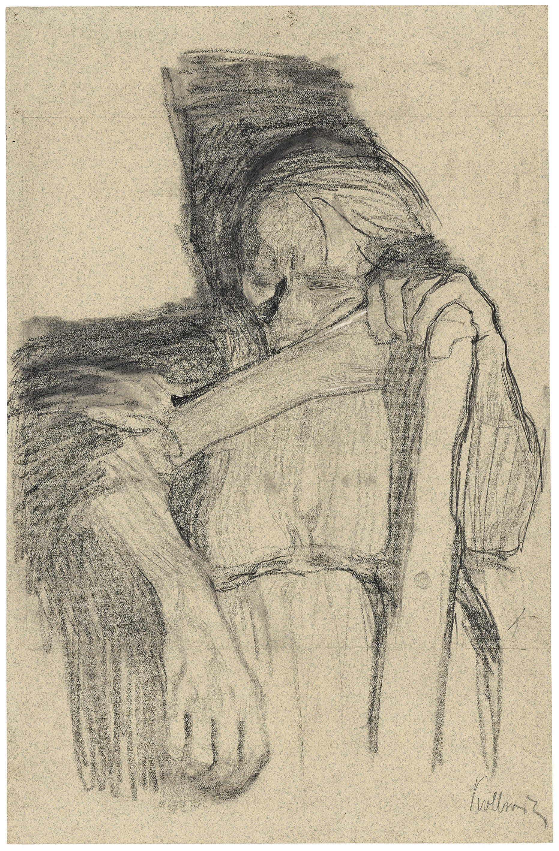 Käthe Kollwitz, Beim Dengeln, um 1905, schwarze und weiße Kreide und Bleistift auf grünlichem Velin, 473 x 309 mm, NT (396a), Kollwitz Museum Köln, Inv. Nr. 70200/09008. 