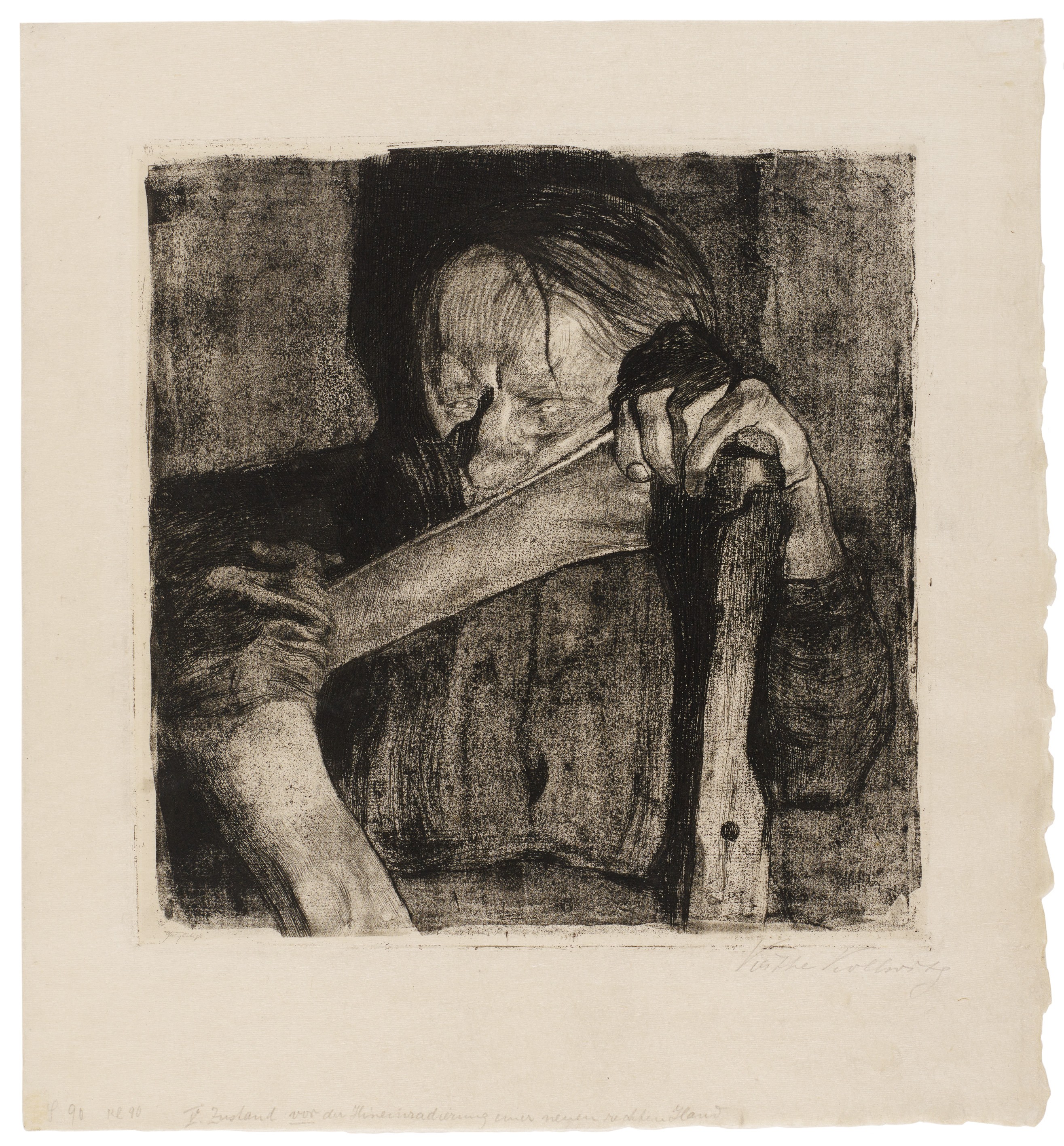 Käthe Kollwitz, Beim Dengeln, fünfter Zustand von Blatt 3 des Zyklus »Bauernkrieg«, 1905 Strichätzung, Kaltnadel, Schmirgel, Aquatinta, Nadelarbeiten und Vernis mou mit Durchdruck von Büttenpapier und Zieglerschem Umdruckpapier, 297 x 297 mm, Kn 88 V, Kollwitz Museum Köln, Inv. Nr. 70300/91011. 