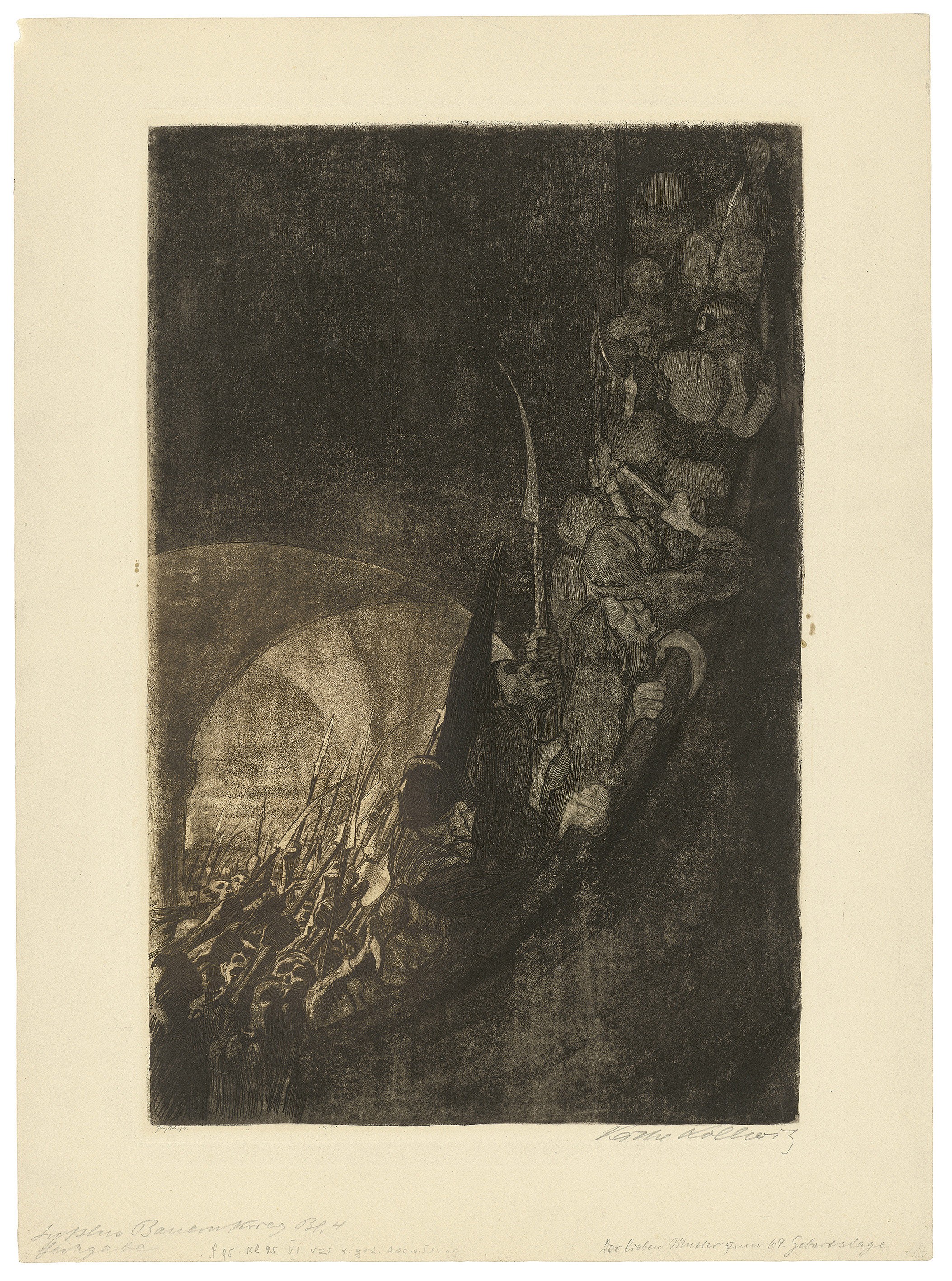 Käthe Kollwitz, Bewaffnung in einem Gewölbe, Blatt 4 aus dem Zyklus »Bauernkrieg«, 1906, zweifarbige Radierung mit Strichätzung, Kaltnadel, Aquatinta und Vernis mou mit Durchdruck von Zieglerschem Umdruckpapier, 497 x 327 mm, Kn 96 VI, Kollwitz Museum Köln, Inv. Nr. 70300/23008.