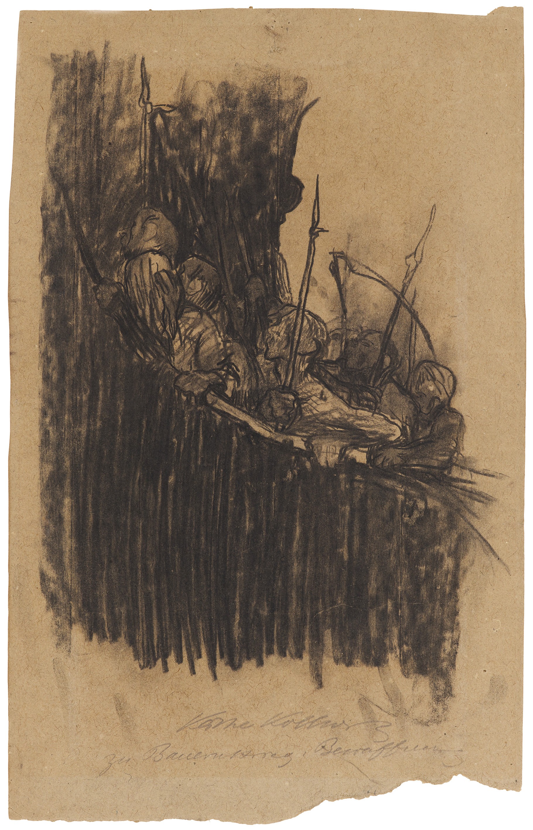 Käthe Kollwitz, Bewaffnung in einem Gewölbe, um 1906, Kreide auf schwerem, strukturiertem, hellbraunem Papier, 457 x 311 mm, NT (215a), Kollwitz Museum Köln, Inv. Nr. 70200/00007.