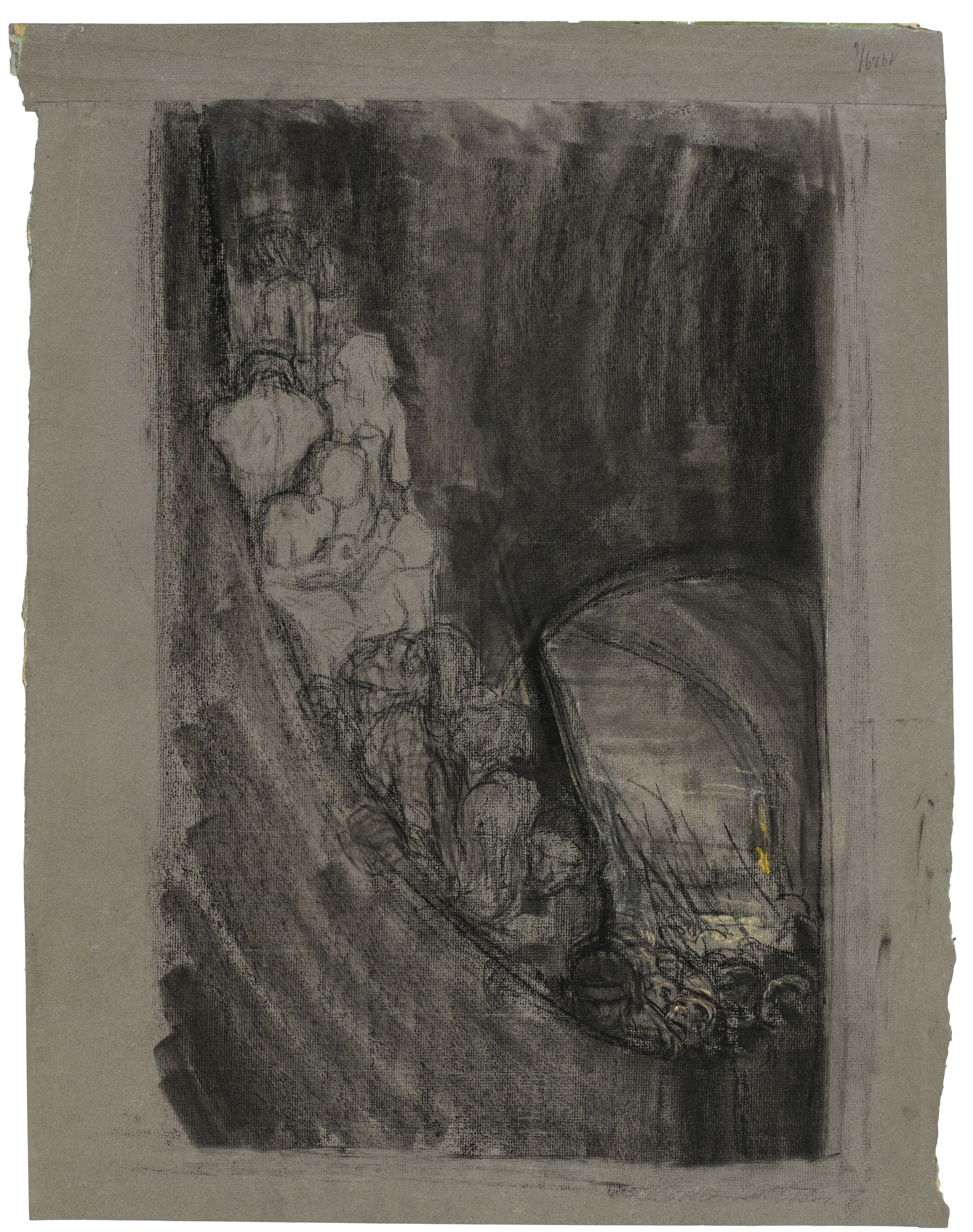 Käthe Kollwitz, Bewaffnung in einem Gewölbe, um 1906, Kohle, gewischt, und gelbe Kreide auf dunklem, graugrünem Ingres-Bütten, 574 x 445 mm, NT 216, Kollwitz Museum Köln, Inv. Nr. 70200/91021.