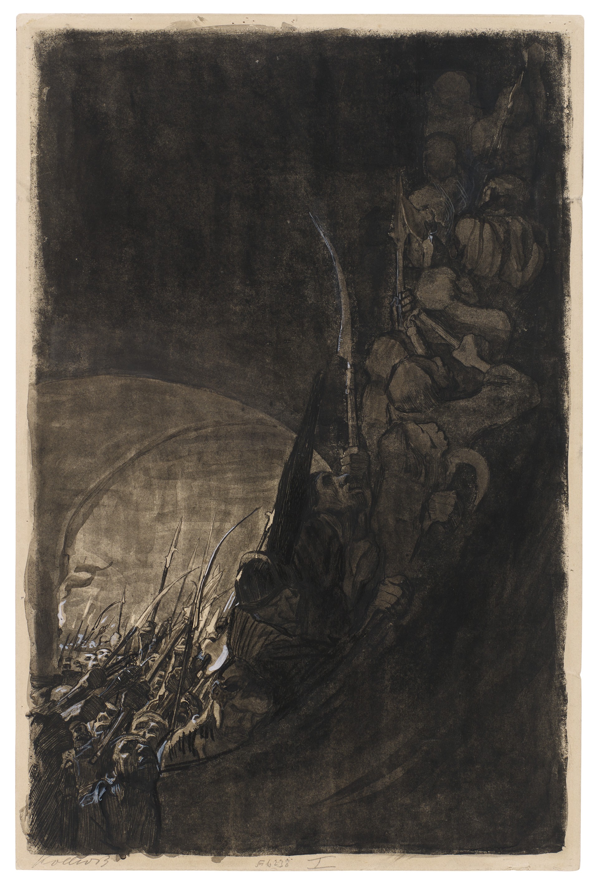 Käthe Kollwitz, Bewaffnung in einem Gewölbe, erster Zustand von Blatt 4 des Zyklus »Bauernkrieg«, 1906, Strichätzung, Kaltnadel, Aquatinta und Vernis mou mit Durchdruck von Zieglerschem Umdruckpapier, von Hand überarbeitet in schwarzer Tusche und Deckweiß, 497 x 327 mm, Kn 96 I, Kollwitz Museum Köln, Inv. Nr. 70300/16001.