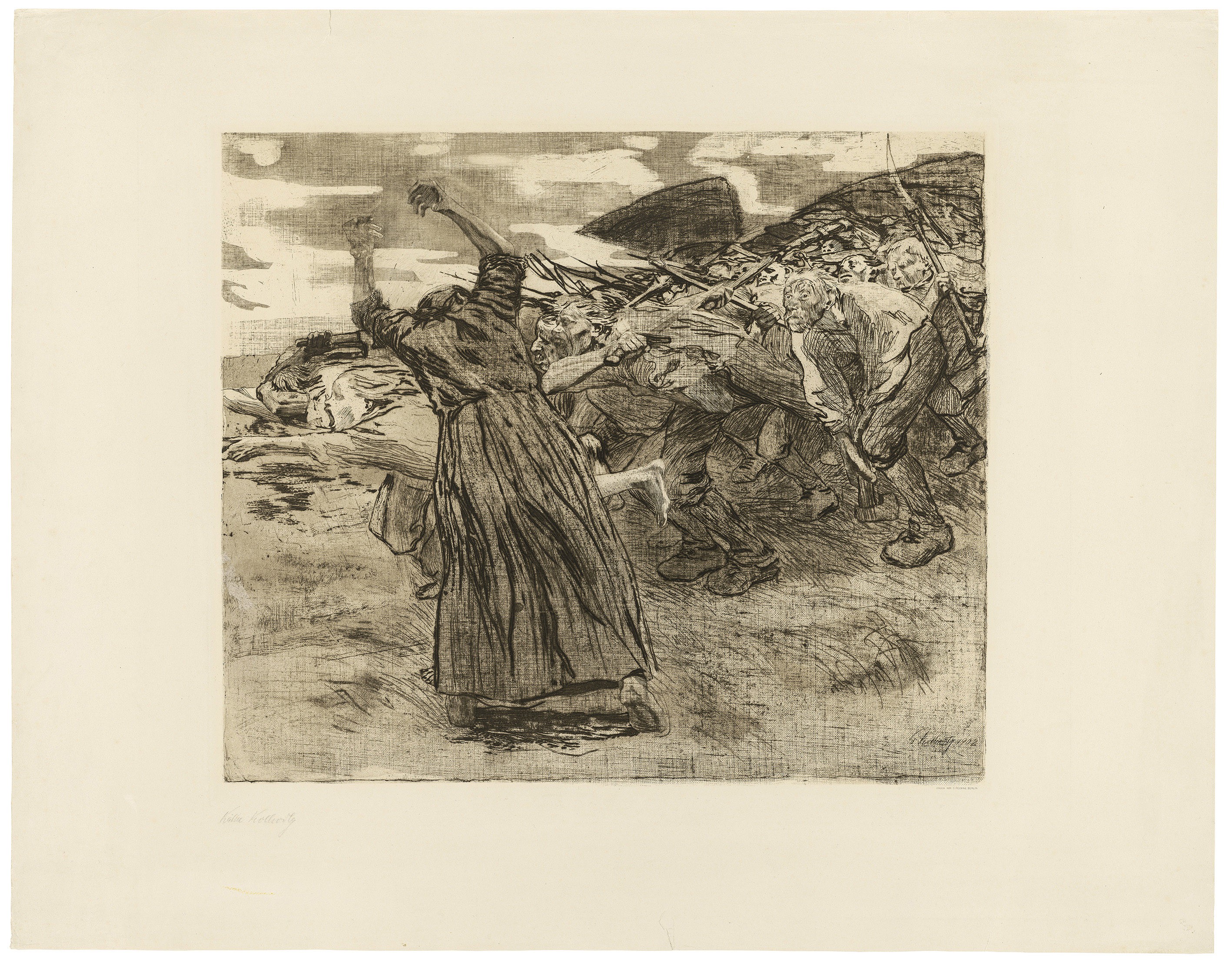 Käthe Kollwitz, Losbruch, Blatt 5 aus dem Zyklus »Bauernkrieg«, 1902/03, Strichätzung, Kaltnadel, Reservage und Vernis mou mit Durchdruck von zwei Stoffen und Zieglerschem Umdruckpapier, 515 x 592 mm, Kn 70 VIII b, Kollwitz Museum Köln, Inv. Nr. 70300/01012.