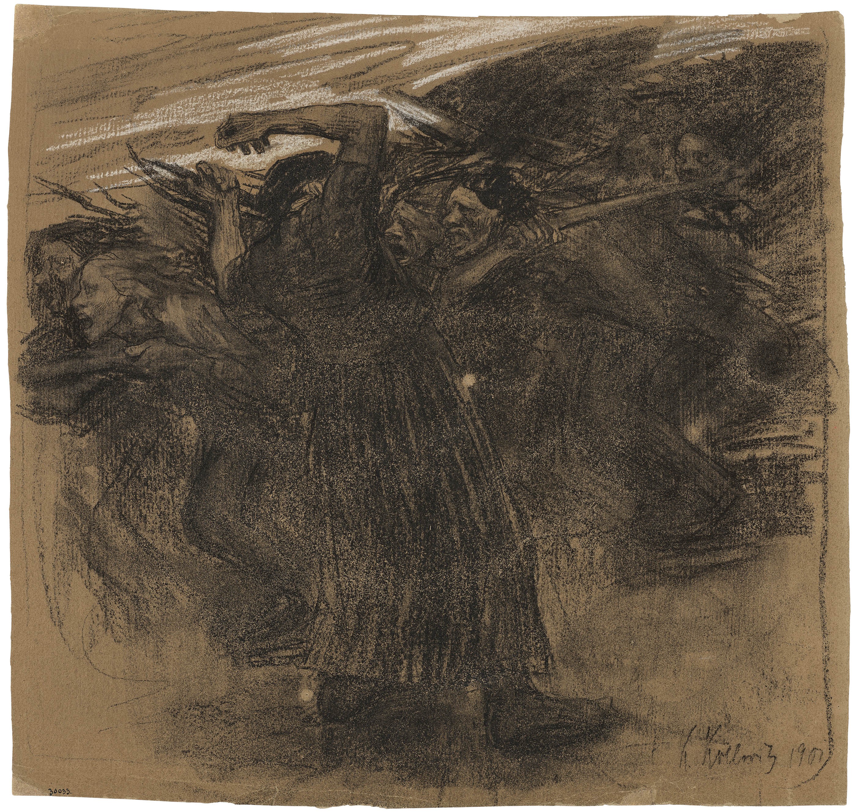 Käthe Kollwitz, Losbruch, 1901, schwarze Kreide, weiß gehöht, auf dickem, bräunlichem Papier, 635 x 605 mm, NT 187, Kollwitz Museum Köln, Inv. Nr. 70200/03018.