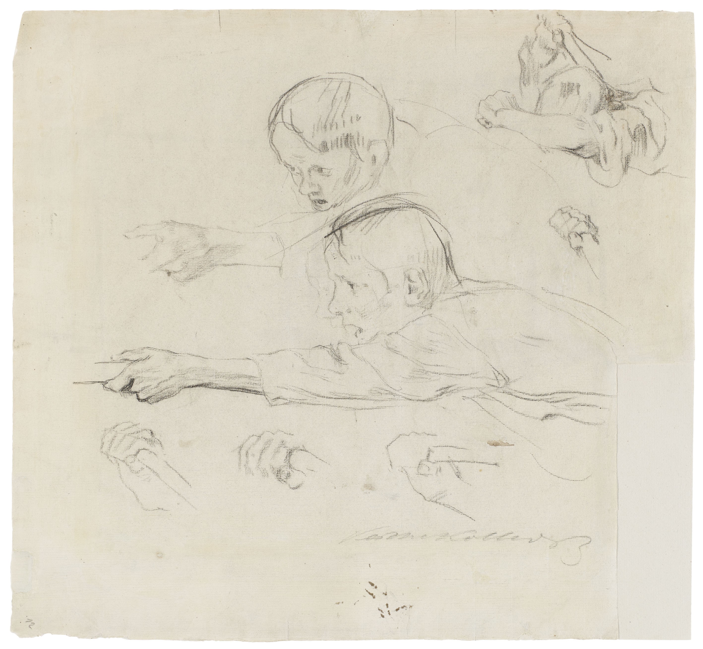 Käthe Kollwitz, Nach links vorwärtsdrängener Knabe, Detailstudie zur Radierung »Losbruch«, 1902, Kohle auf Bütten, 400 x 470 mm, NT 195, Kollwitz Museum Köln, Inv. Nr. 70200/04015.