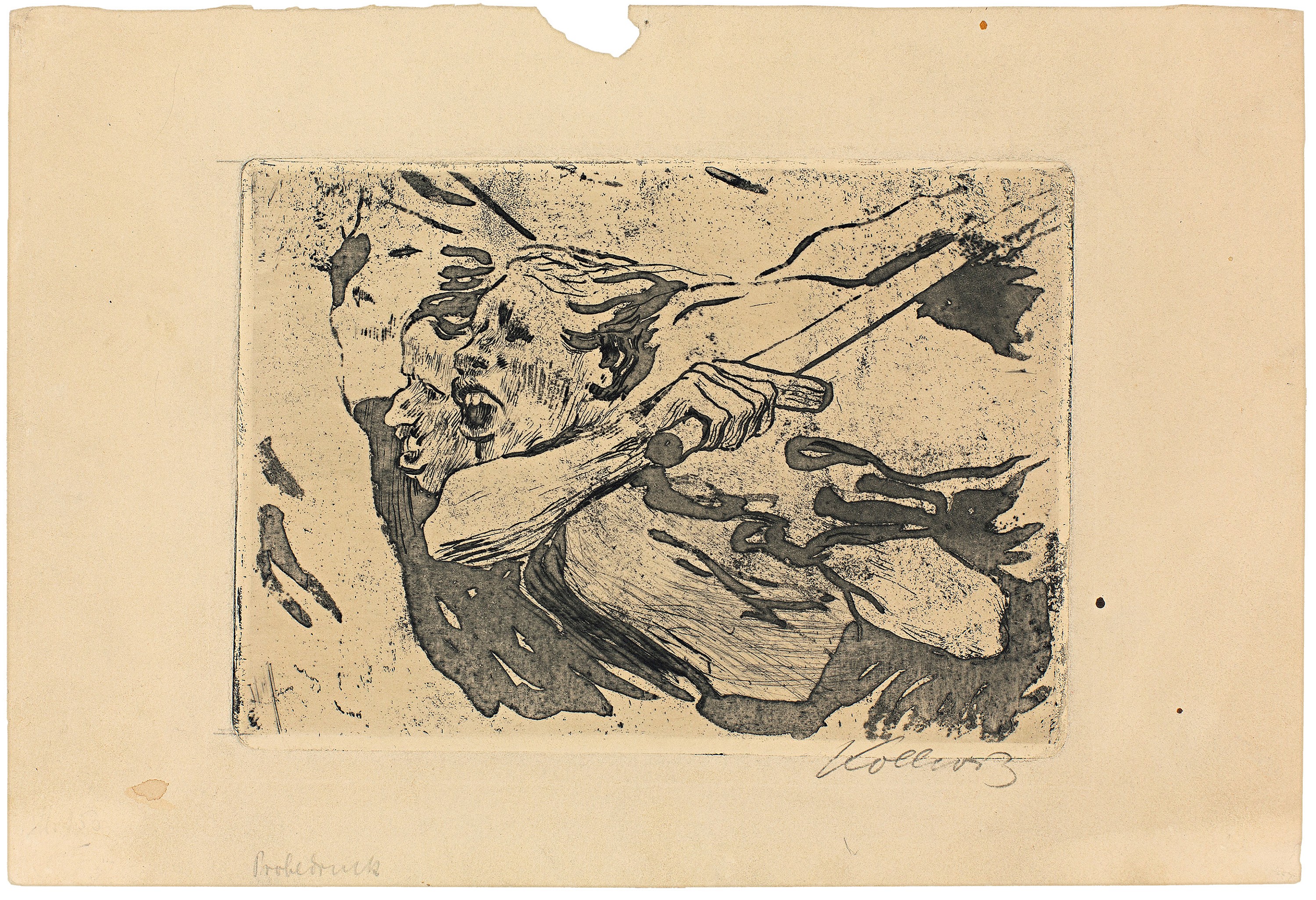 Käthe Kollwitz,  Zwei Anstürmende (Losbruch), 1902, technische Probe zum 5. Blatt des Zyklus »Bauernkrieg«,  Strichätzung, Kaltnadel, Reservage und Schmirgel, 134 x 189 mm, Kn 69, Kollwitz Museum Köln, Inv. Nr. 70300/22003.