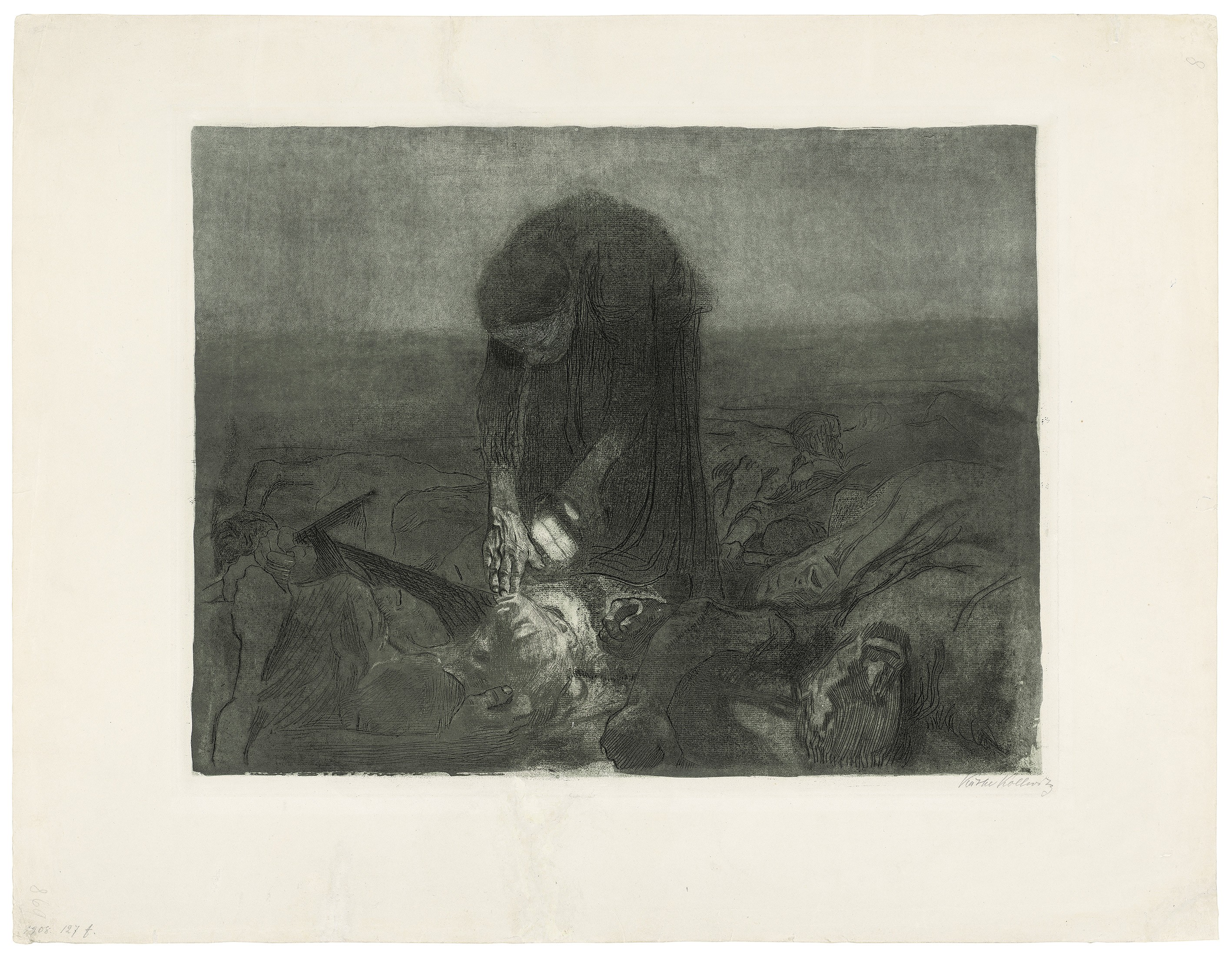 Käthe Kollwitz, Schlachtfeld, Blatt 6 aus dem Zyklus »Bauernkrieg«, 1907, Strichätzung, Kaltnadel, Aquatinta, Schmirgel und Vernis mou mit Durchdruck von geripptem Büttenpapier und Zieglerschem Umdruckpapier, 410 x 531 mm, Kn 100 X b, Kollwitz Museum Köln, Inv. Nr. 70300/23009.