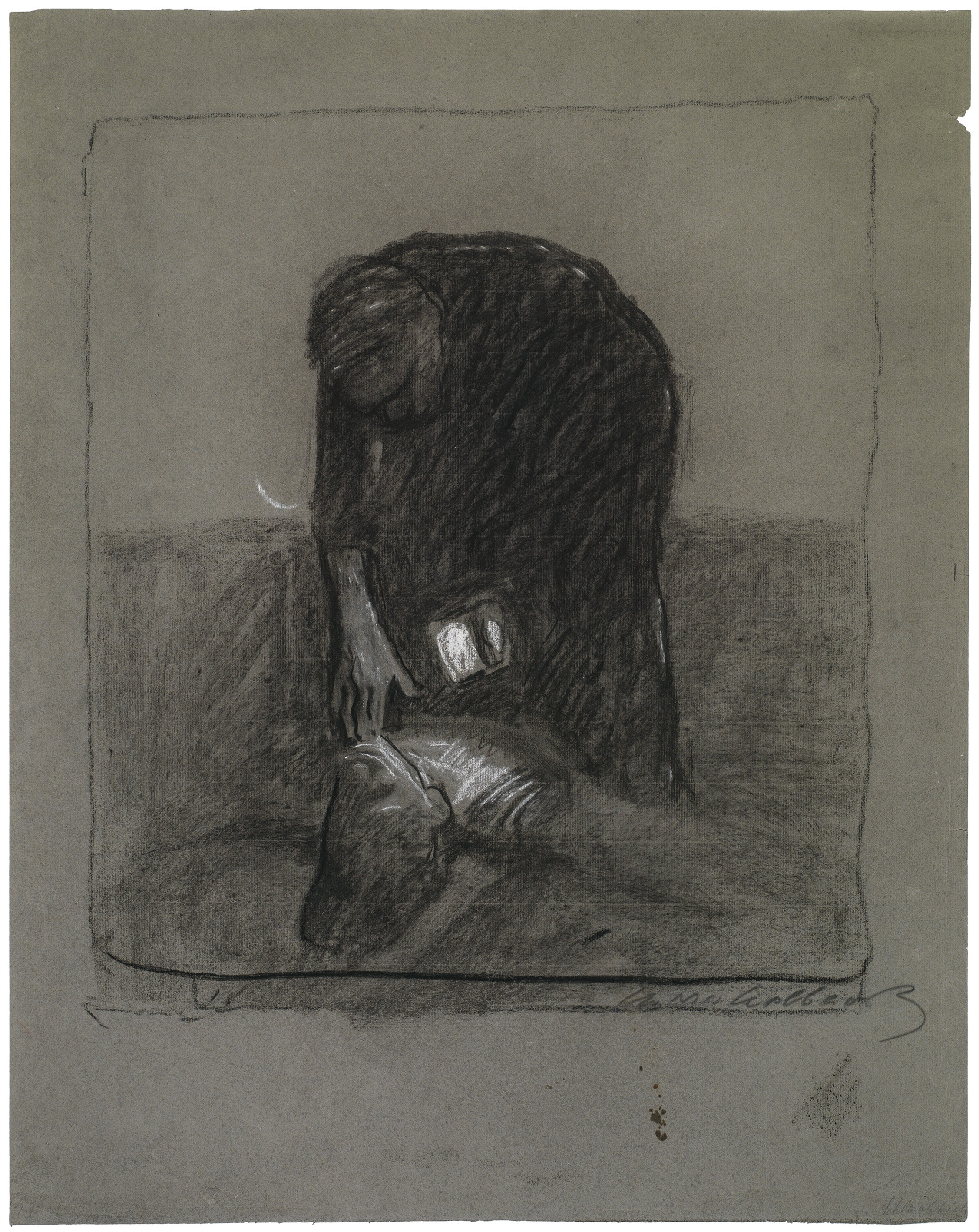 Käthe Kollwitz, Schlachtfeld, um 1907, Kohle, in weißer Kreide gehöht, auf graugrünem Bütten, 763 x 443 mm, NT (411a), Kollwitz Museum Köln, Inv. Nr. 70200/14003.