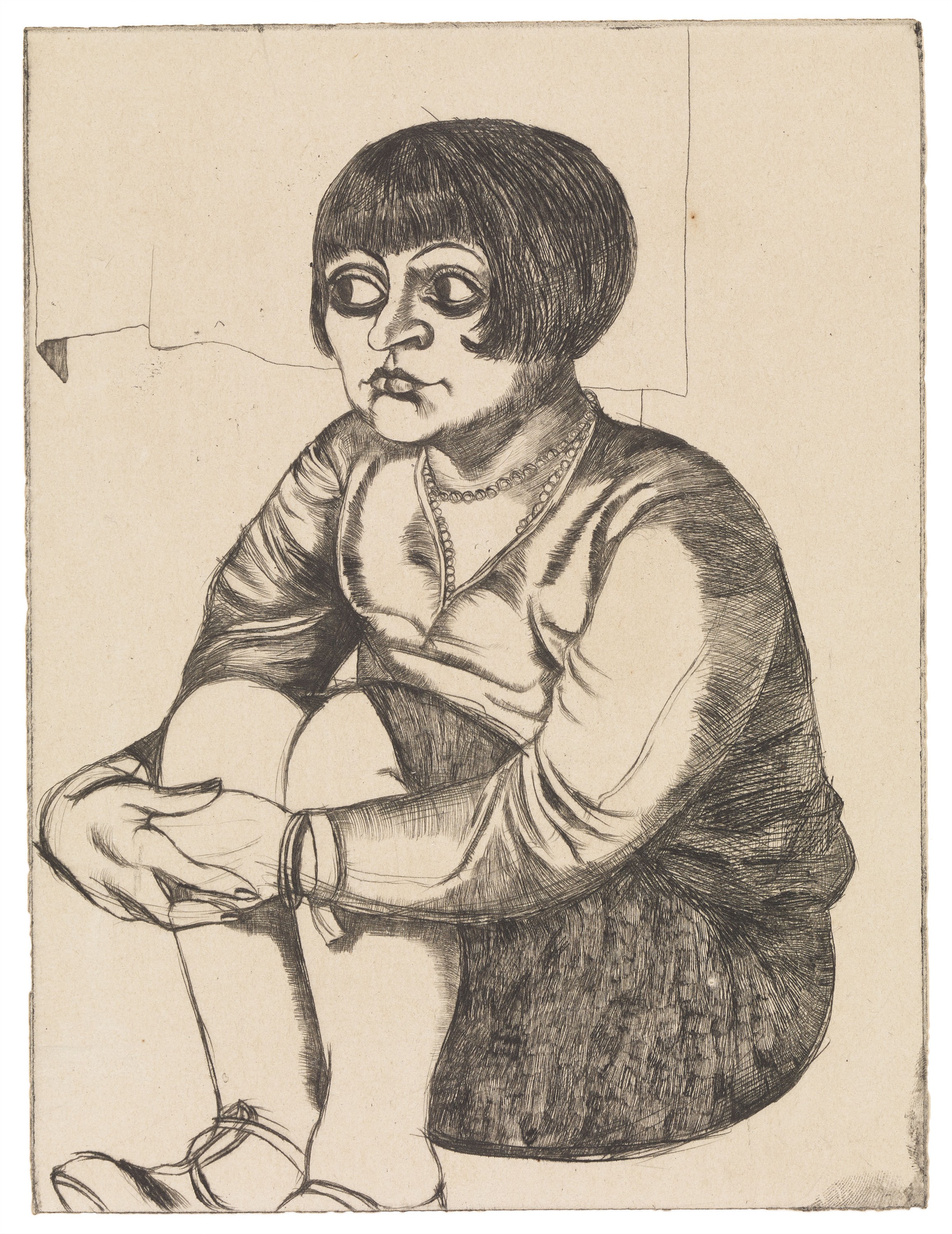 Hanna Nagel (1907–1975), o. T. (Sitzendes weibliches Modell mit Pagenschnitt), 1929, Radierung, 205 × 154 mm, Kunsthalle Mannheim, Schenkung Irene Fischer-Nagel © VG Bild-Kunst, Bonn 2026