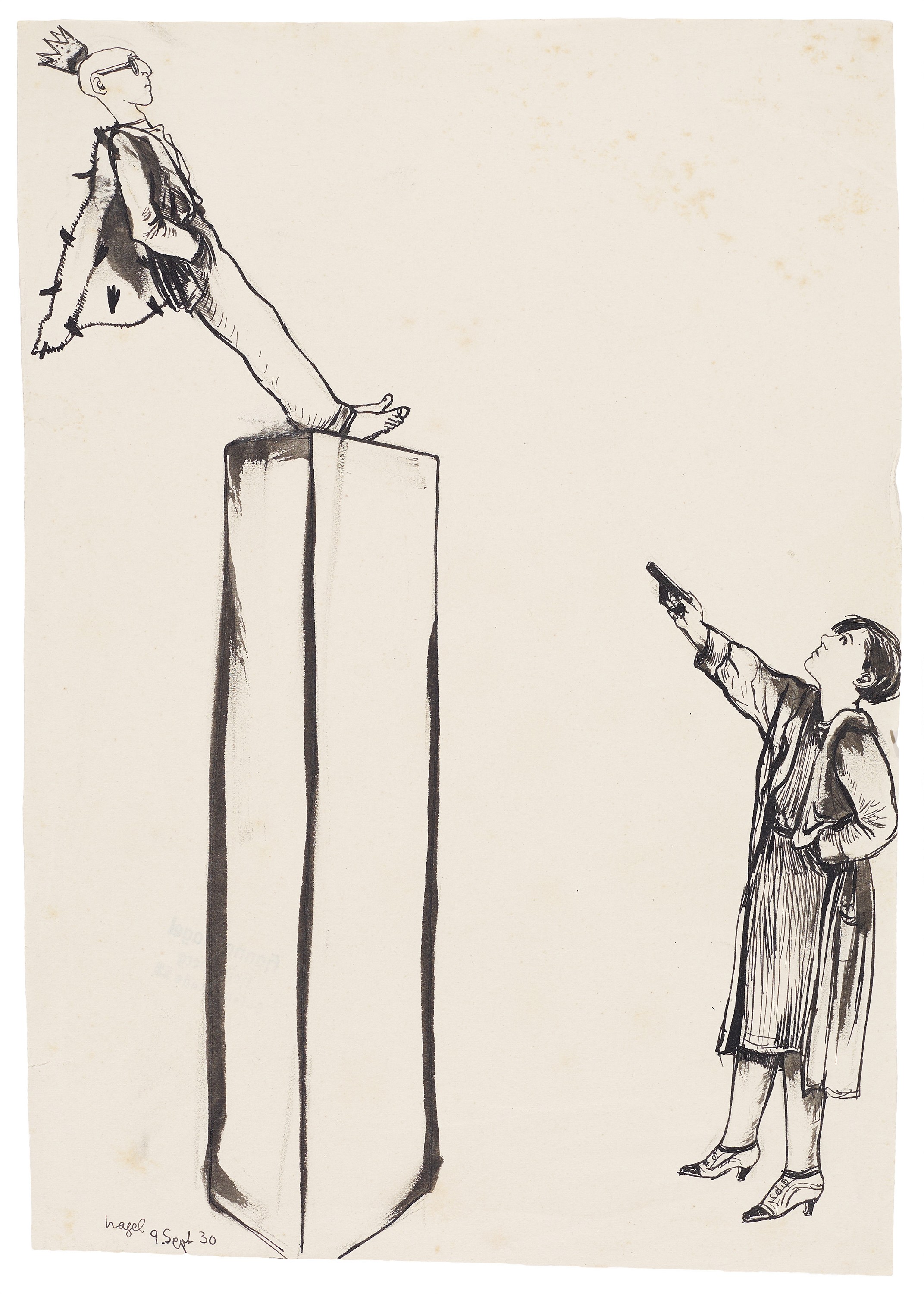 Hanna Nagel (1907–1975), o. T. (Vom Sockel geschossen), 1930, Feder, Tusche, laviert, 268 × 188 mm, Kunsthalle Mannheim, Schenkung Irene Fischer-Nagel © VG Bild-Kunst, Bonn 2026