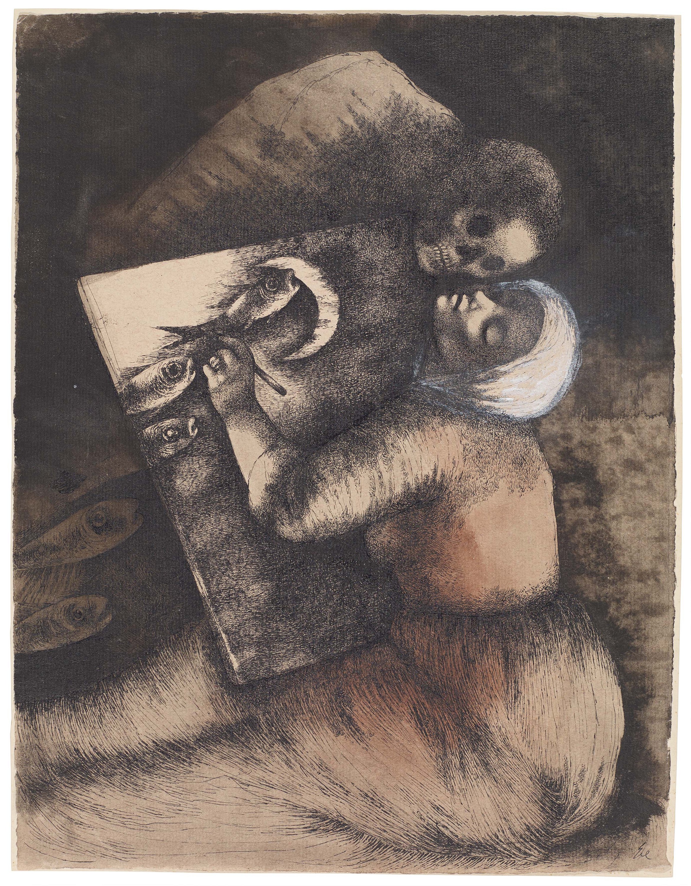 Hanna Nagel (1907–1975), Die Eingebung, o. J., Feder, Tusche, laviert, Aquarell, Gouache, 315 × 243 mm, Kunsthalle Mannheim, Schenkung Irene Fischer-Nagel © VG Bild-Kunst, Bonn 2026
