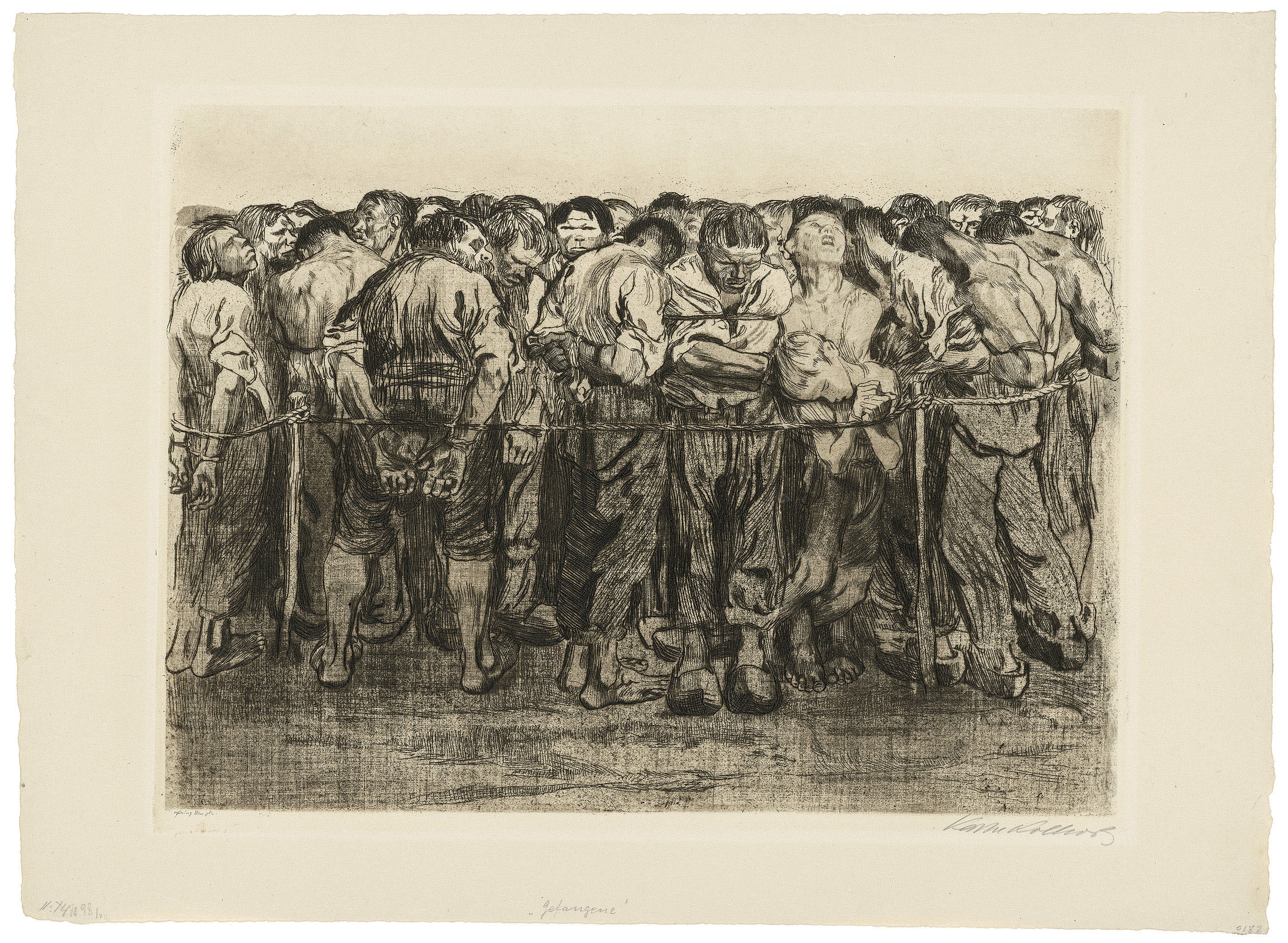 Käthe Kollwitz, Die Gefangenen, Bl. 7 des Zyklus »Bauernkrieg«, 1908, Strichätzung, Kaltnadel, Schmirgel sowie Vernis mou mit Durchdruck von Stoff und Zieglerschem Umdruckpapier, 327 x 428 mm, Kn 102 IX a, Kollwitz Museum Köln, Inv. Nr. 70300/94005.