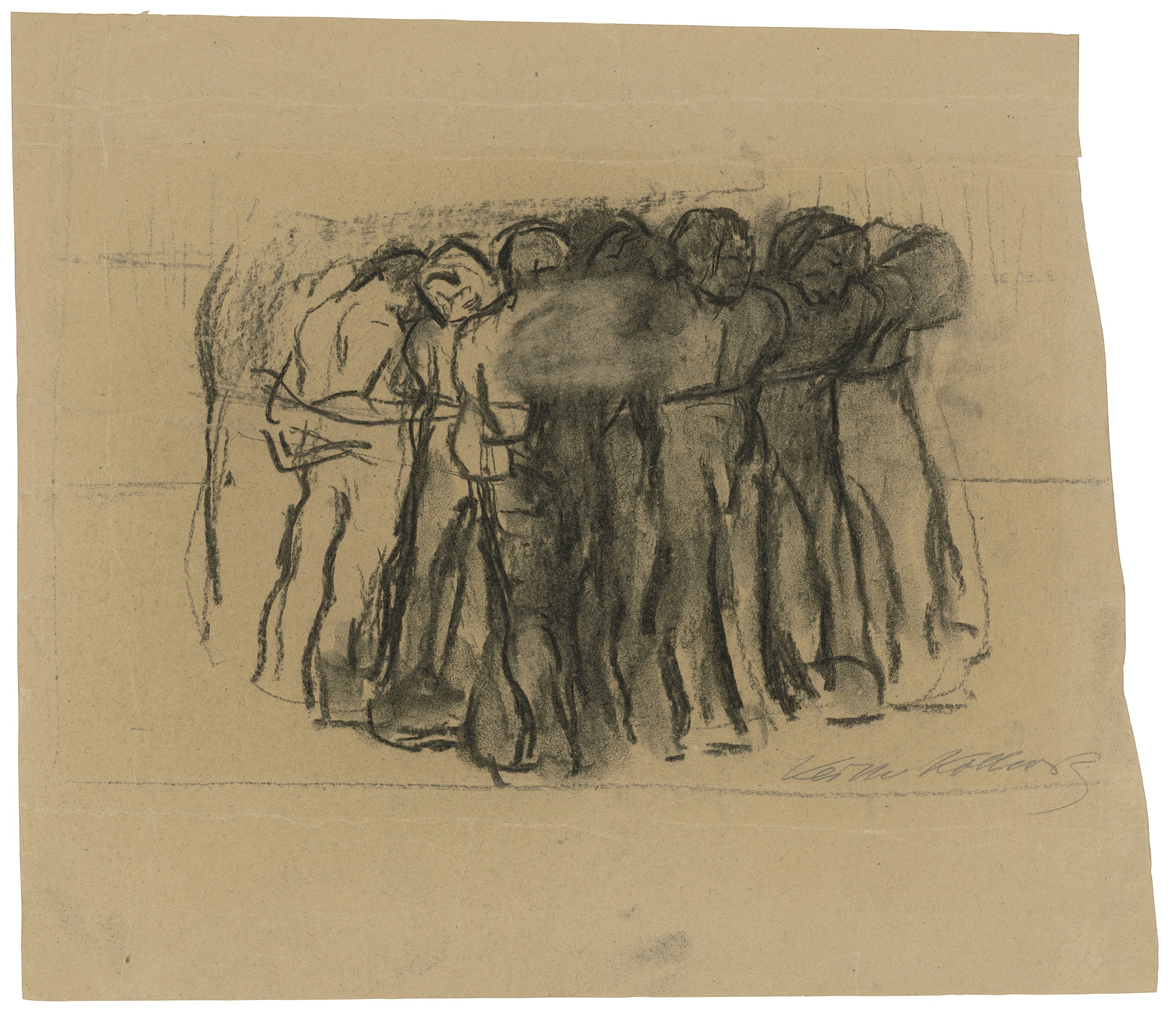 Käthe Kollwitz, Die Gefangenen, 1906/07?, Kohle auf braunem Papier, 279 x 432 mm, NT 425, Kollwitz Museum Köln, Inv. Nr. 70200/96019.