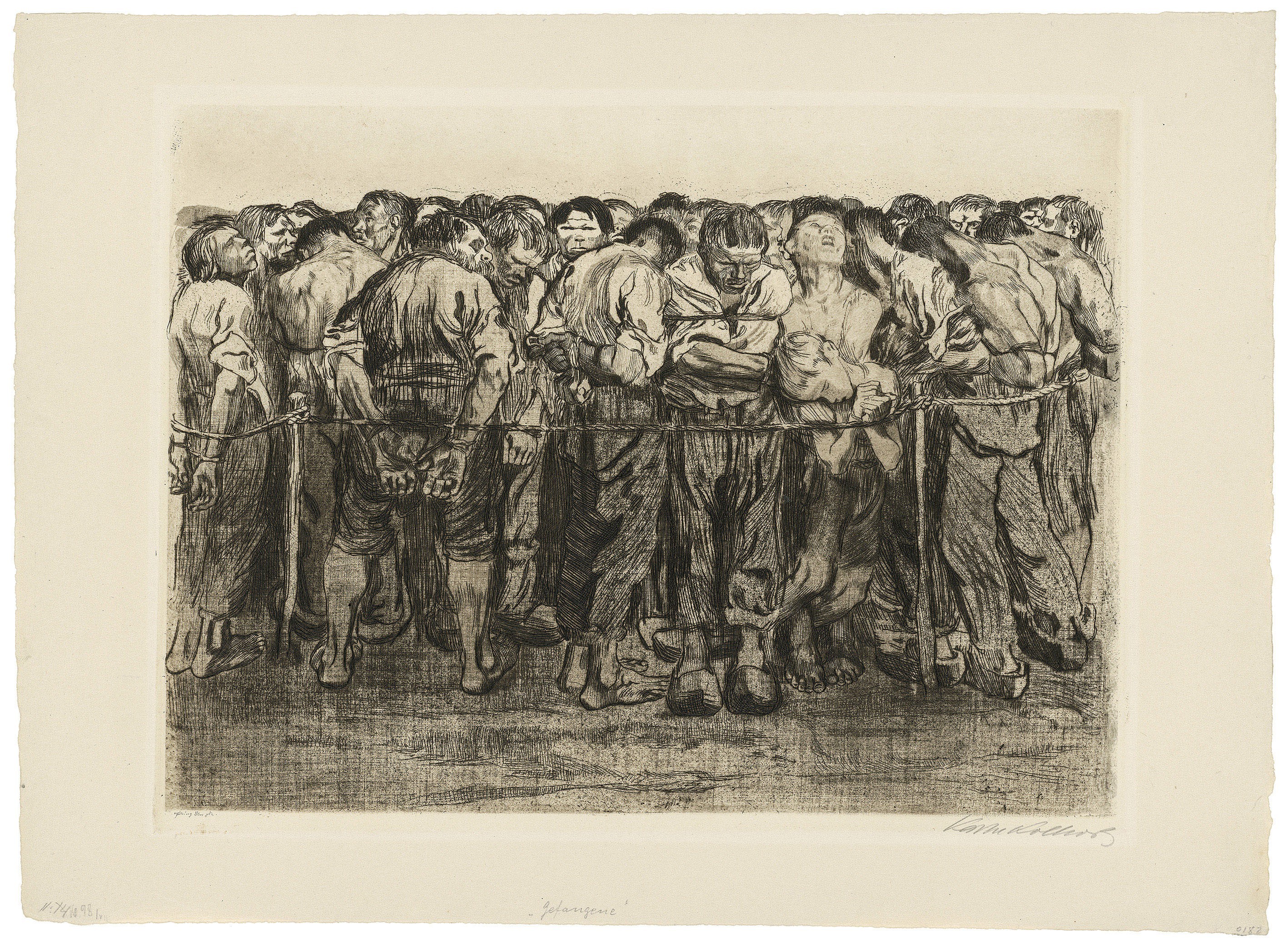 Käthe Kollwitz, Die Gefangenen, Bl. 7 des Zyklus »Bauernkrieg«, 1908, Strichätzung, Kaltnadel, Schmirgel sowie Vernis mou mit Durchdruck von Stoff und Zieglerschem Umdruckpapier, 327 x 428 mm, Kn 102 IX a, Kollwitz Museum Köln, Inv. Nr. 70300/94005.