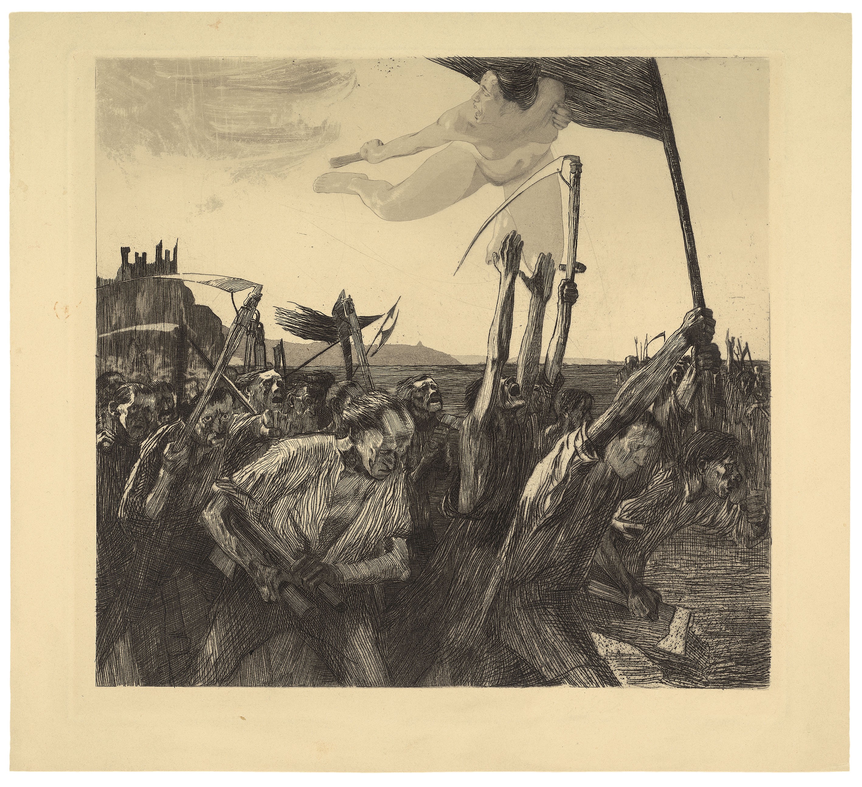 Käthe Kollwitz, Aufruhr, 1899, Strichätzung, Kaltnadel, Aquatinta, Pinselätzung, Schmirgel und etwas Roulette, 299 x 318 mm, Kn 46 I, Kollwitz Museum Köln, Inv. Nr. 70300/96009.