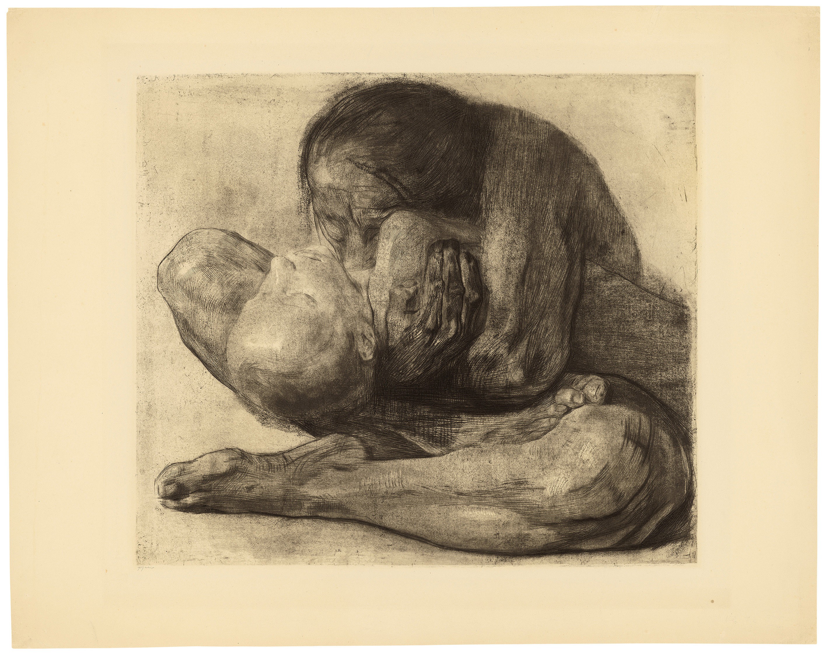 Käthe Kollwitz, Frau mit totem Kind, 1903, Strichätzung, Kaltnadel, Schmirgel und Vernis mou mit Durchdruck von geripptem Büttenpapier und Zieglerschem Umdruckpapier, 424 x 486 mm, Kn 81 VIII a, Kollwitz Museum Köln, Inv. Nr. 770300/89021.