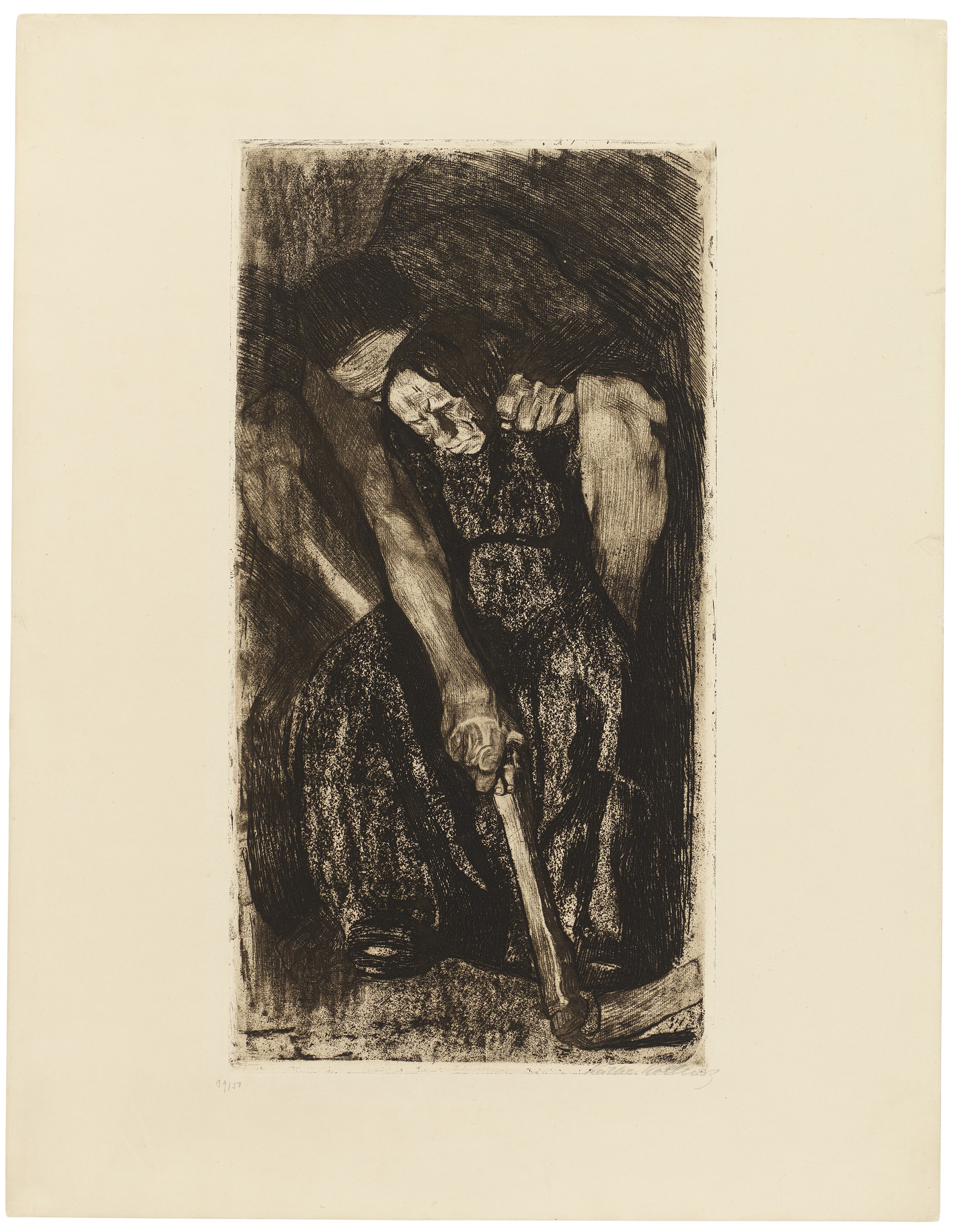 Käthe Kollwitz, Inspiration, 1904, Strichätzung, Kaltnadel, Reservage, Schmirgel und Vernis mou mit Durchdruck von Bütten, 564 x 297 mm, Kn 86 VII d, Kollwitz Museum Köln, Inv. Nr. 70300/85016.