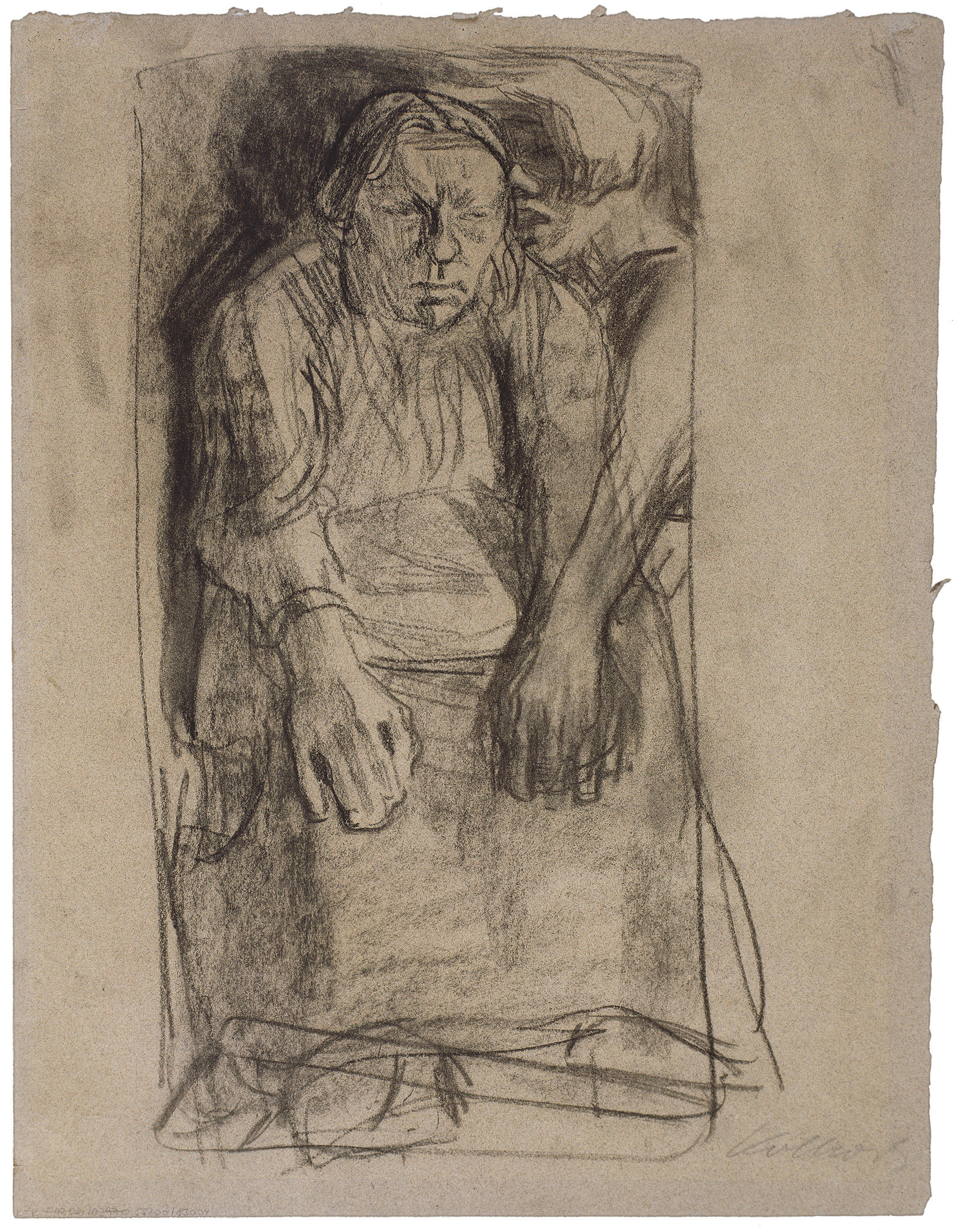 Käthe Kollwitz, Inspiration, 1904/05, schwarze Kreide auf graugrünem, festem Zeichenkarton, 565 x 440 mm, NT 297, Kollwitz Museum Köln, Inv. Nr. 70200/83004.