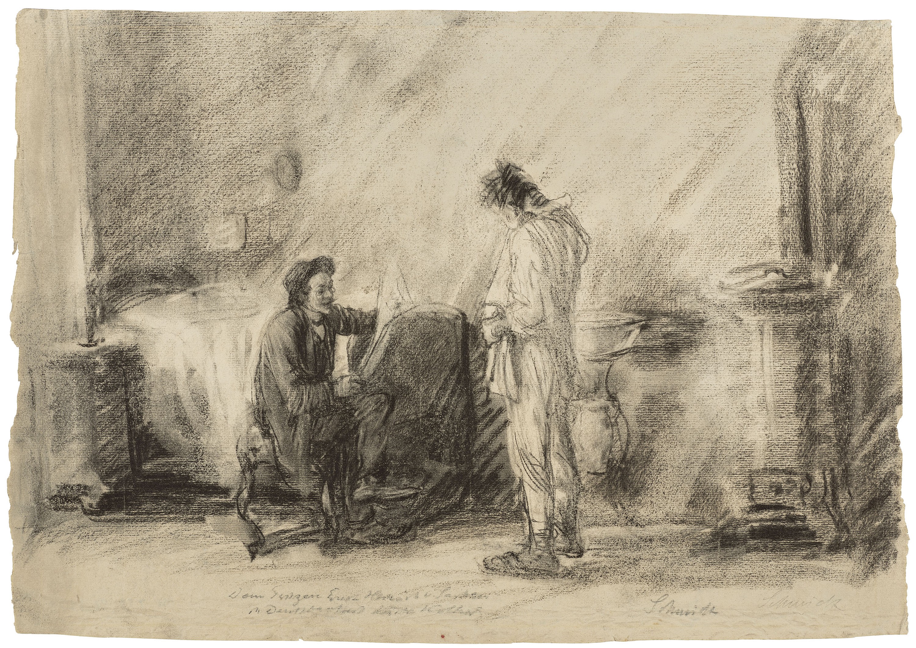 Käthe Kollwitz, Kaisers Geburtstag (Die zwei Männer), wohl 1886/88, Kohle, zum Teil mit Wischer verrieben, auf Ingres-Bütten, 369 x 522 mm, nicht bei NT, Kollwitz Museum Köln, Inv. Nr. 70200/22002. 