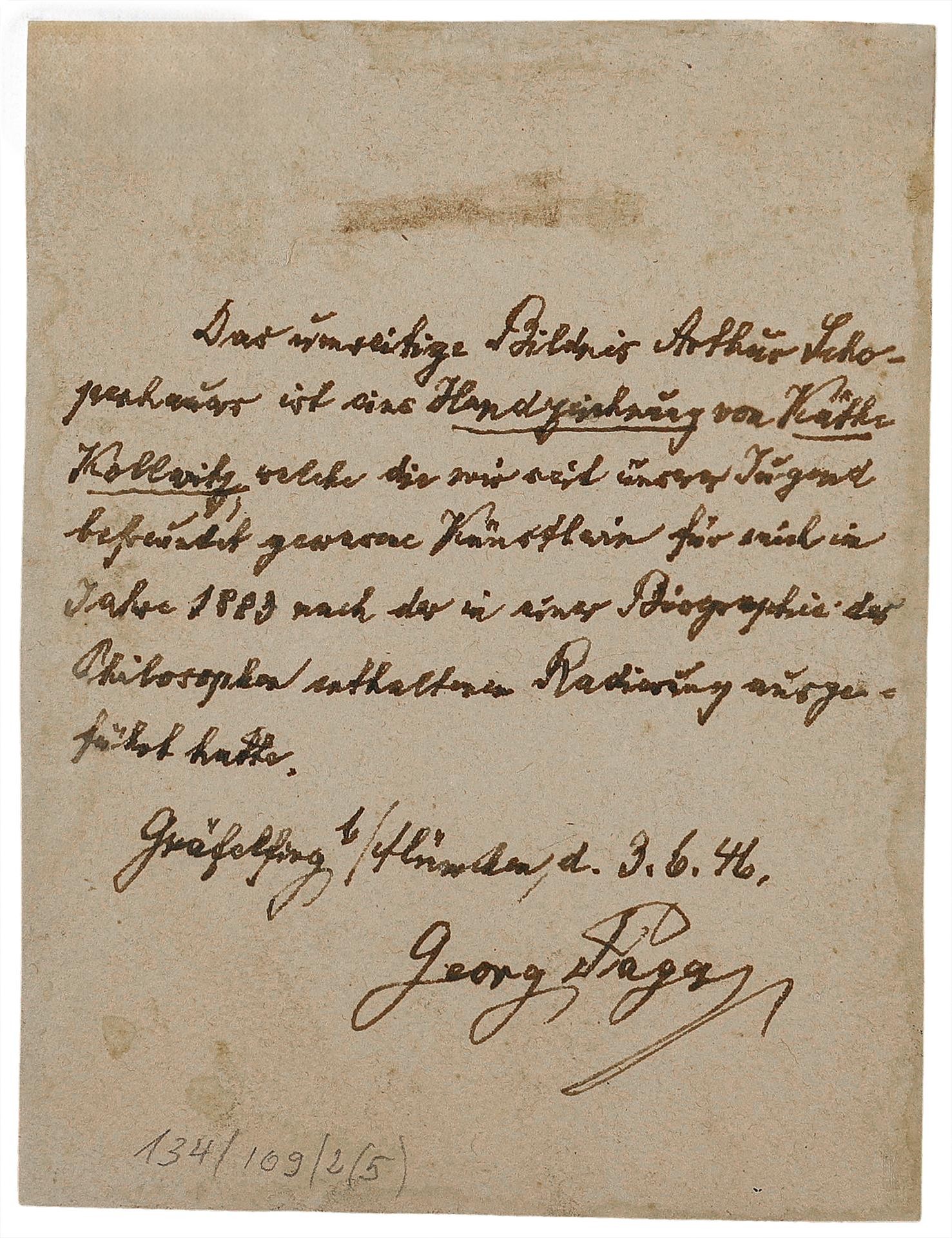 Notiz von Georg Paga 1946 auf der Rückseite von: Käthe Schmidt (Kollwitz), Arthur Schopenhauer,  158 x 120 mm, ohne NT, Kollwitz Museum Köln, Schenkung Brian McCrindle 2025.