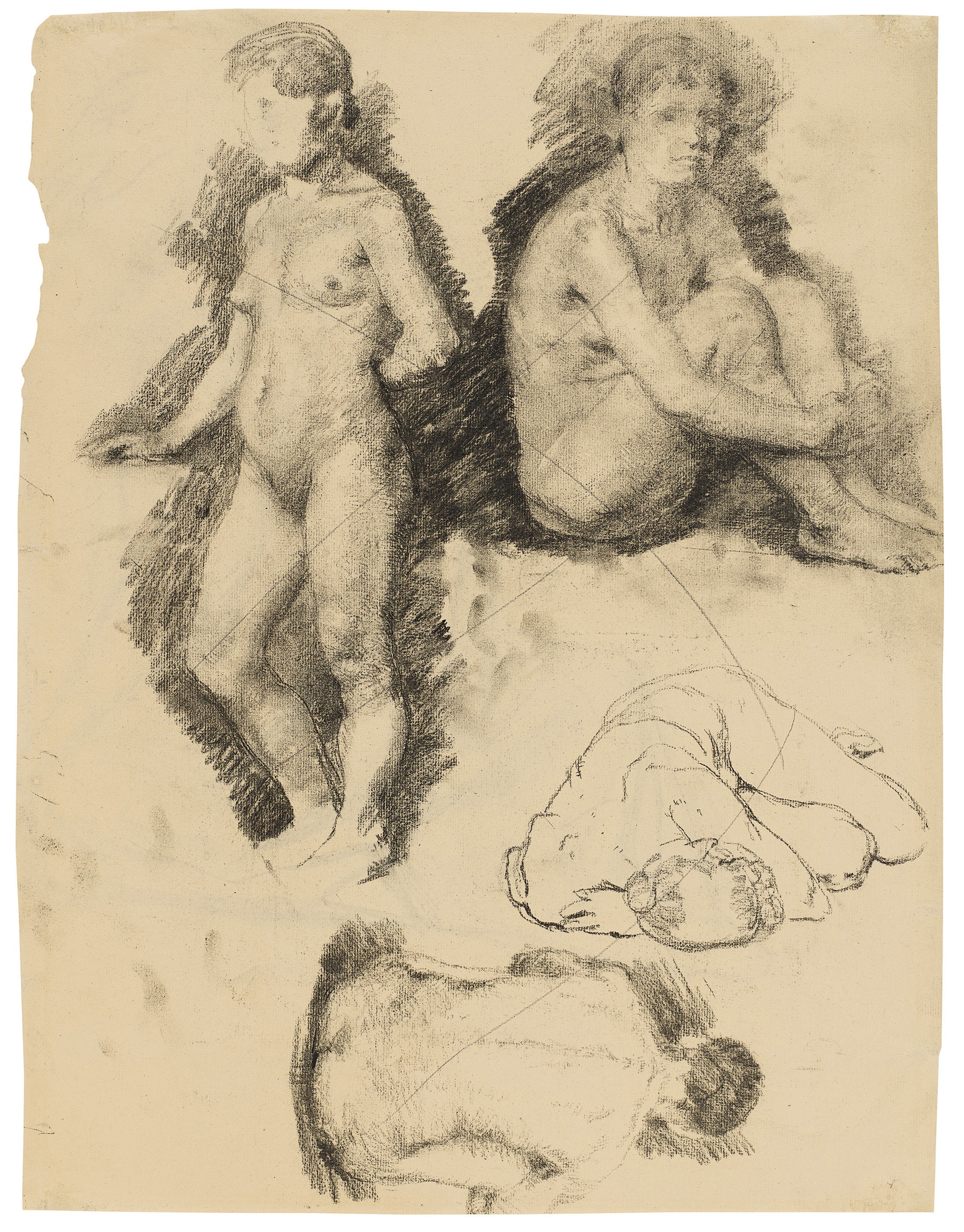 Käthe Kollwitz, Vier weibliche Aktstudien, 1888/89, Kohle auf Bütten, 554 x 422 mm, NT 23, Kollwitz Museum Köln, Inv. Nr. 70200/84001.