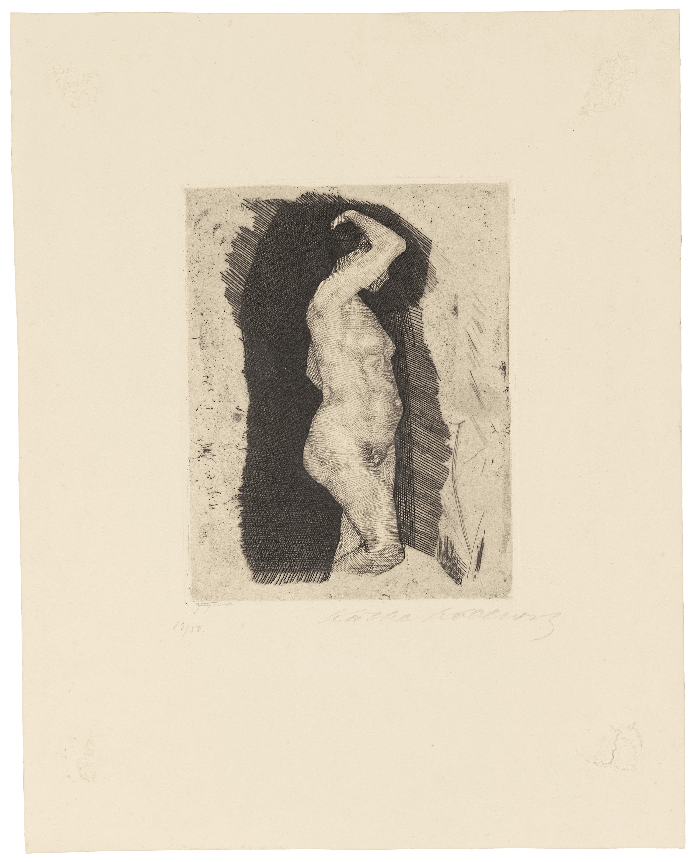 Käthe Kollwitz, Stehender weiblicher Akt, 1900, Strichätzung und Kaltnadel auf Kupferstichpapier, Kn 50 II c, Kollwitz Museum Köln, Inv. Nr. 70300/85008.