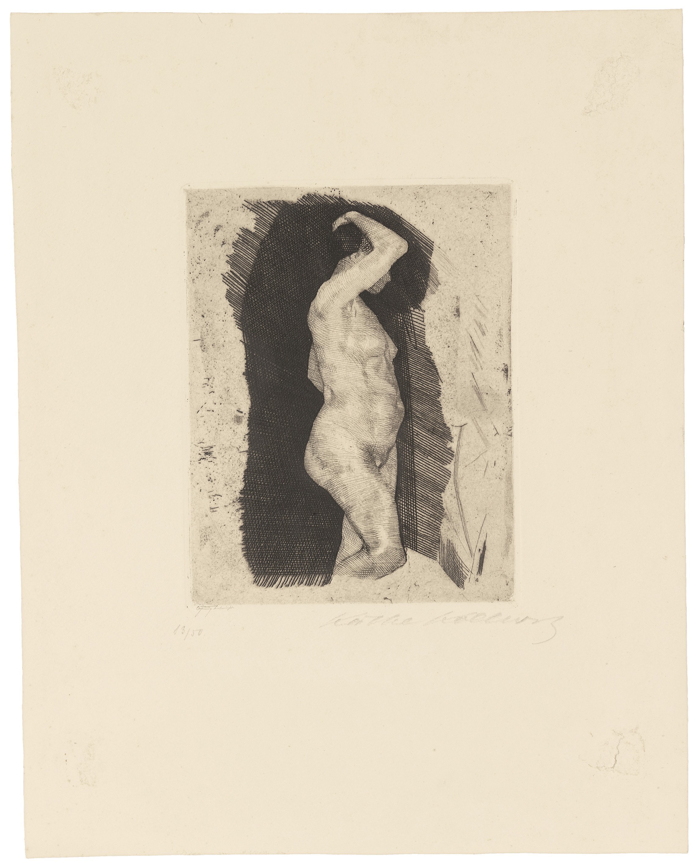 Käthe Kollwitz, Stehender weiblicher Akt, 1900, Strichätzung und Kaltnadel auf Kupferstichpapier, Kn 50 II c, Kollwitz Museum Köln, Inv. Nr. 70300/85008.