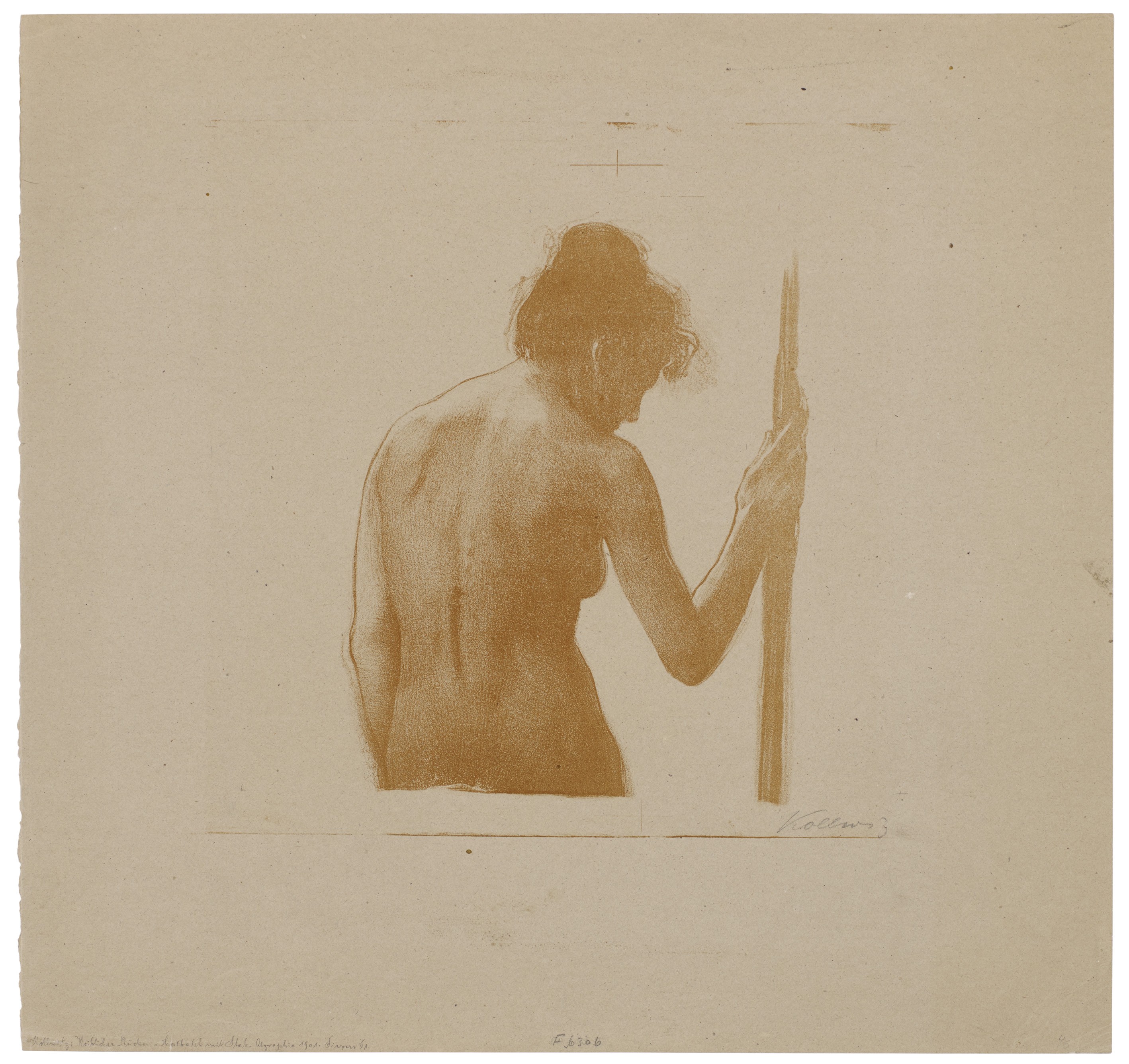 Käthe Kollwitz, Weiblicher Rückenakt mit Stab, 1901?, Algrafie mit Schabeisen in der Zeichenplatte in Rotbraun auf dünnem Bristolkarton, 275 x 216 mm, Kn 58 b, Kollwitz Museum Köln, Inv. Nr. 70300/03004.