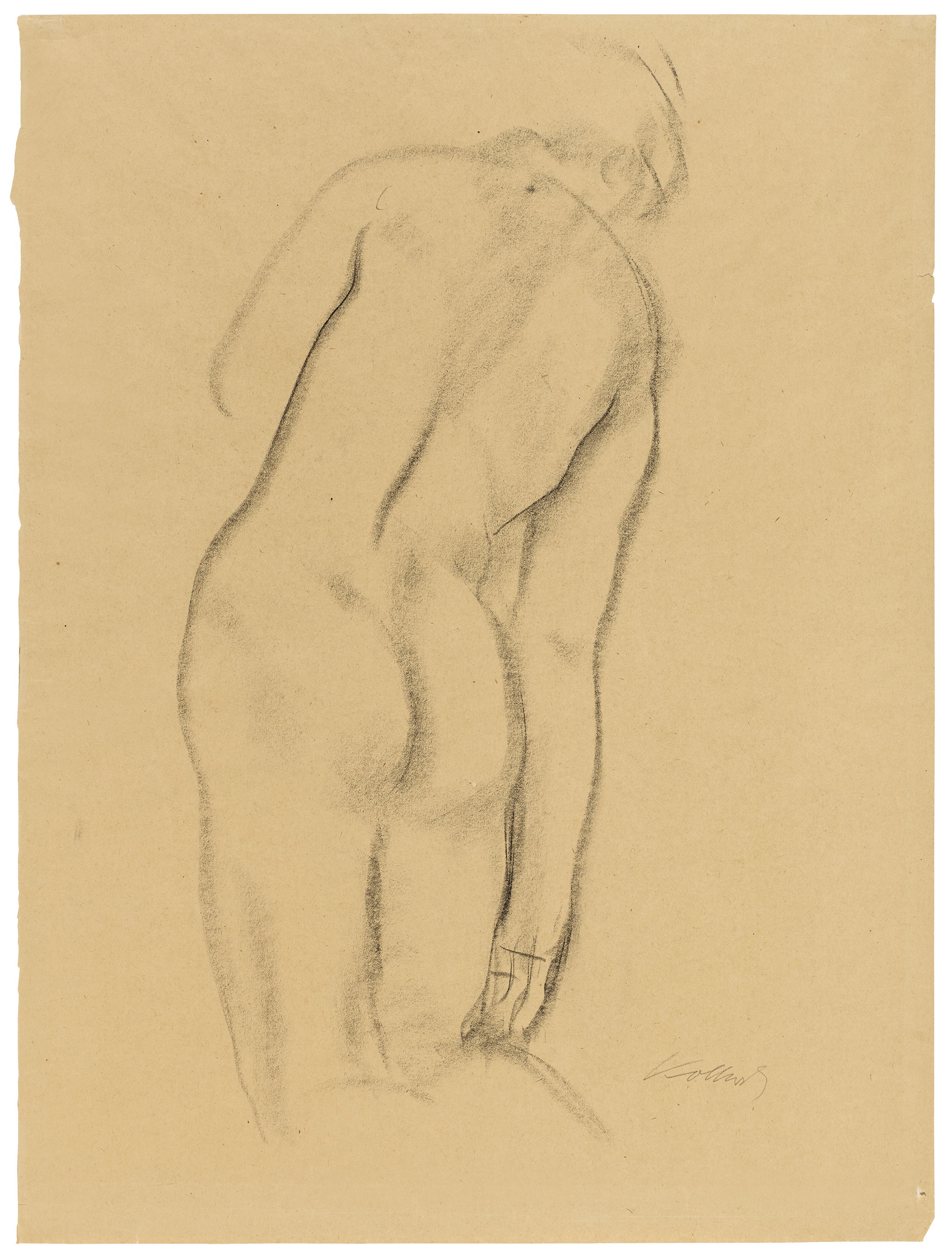 Käthe Kollwitz, Kniender weiblicher Rückenakt, 1904–06, schwarze Kreide auf Papier, 625 x 469 mm, NT 339, Kollwitz Museum Köln, Inv. Nr. 70200/83013.