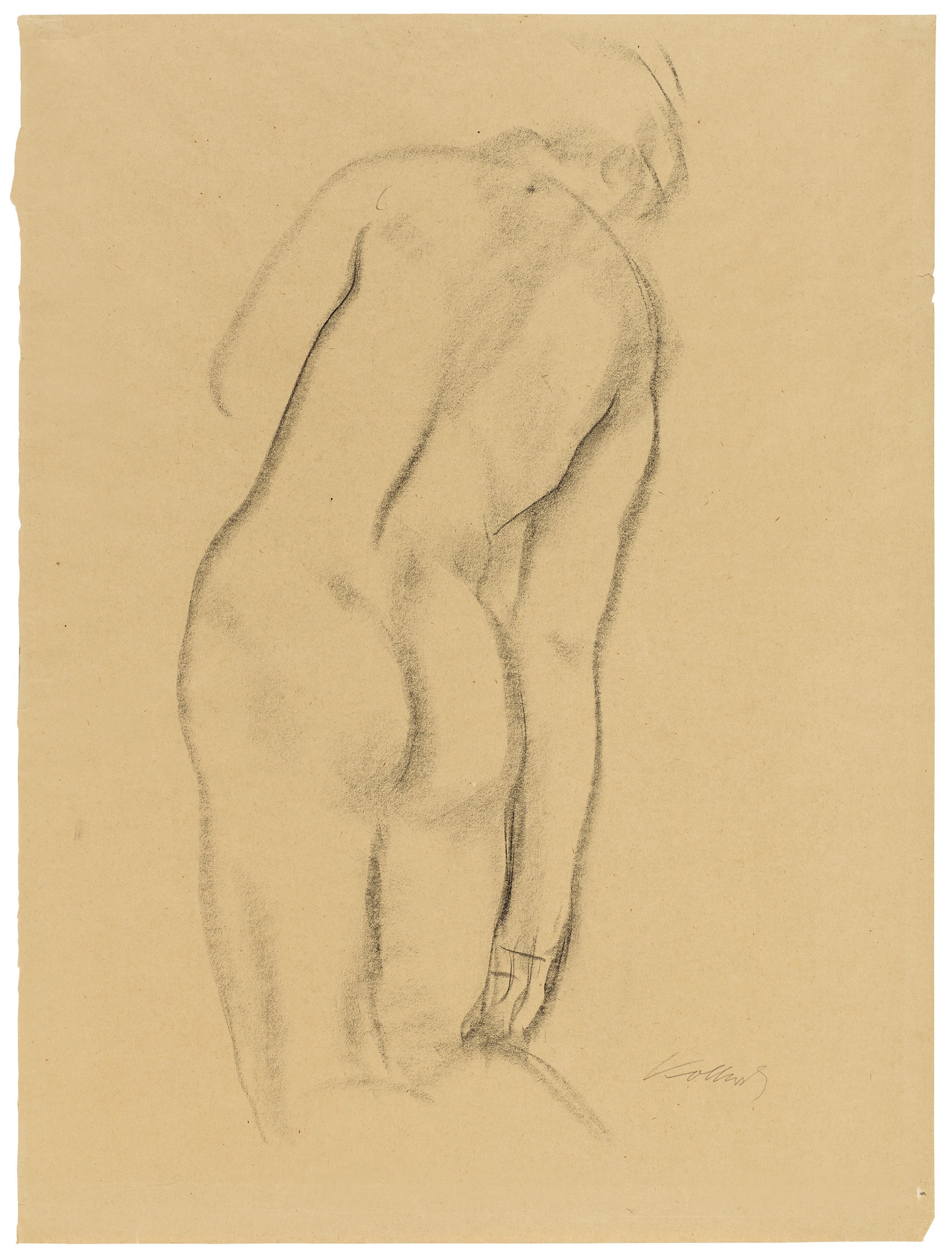 Käthe Kollwitz, Kniender weiblicher Rückenakt, 1904–06, schwarze Kreide auf Papier, 625 x 469 mm, NT 339, Kollwitz Museum Köln, Inv. Nr. 70200/83013.