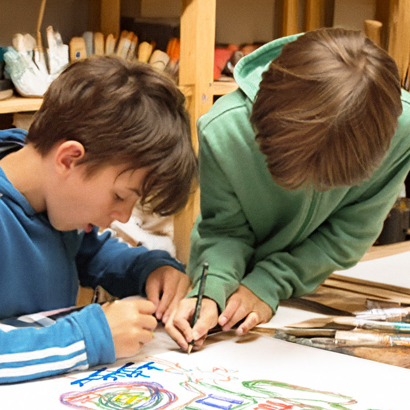 Zwei Jungen beugen sich gemeinsam über einen großen Tisch in der Mitmach-Werkstatt des Kollwitz Museum Köln und zeichnen konzentriert mit bunten Stiften auf ein weißes Blatt Papier. Im Hintergrund sind Regale mit zahlreichen Kunstutensilien wie Pinseln, Farbtöpfen und Skizzen zu sehen, die eine kreative Workshop-Atmosphäre schaffen.