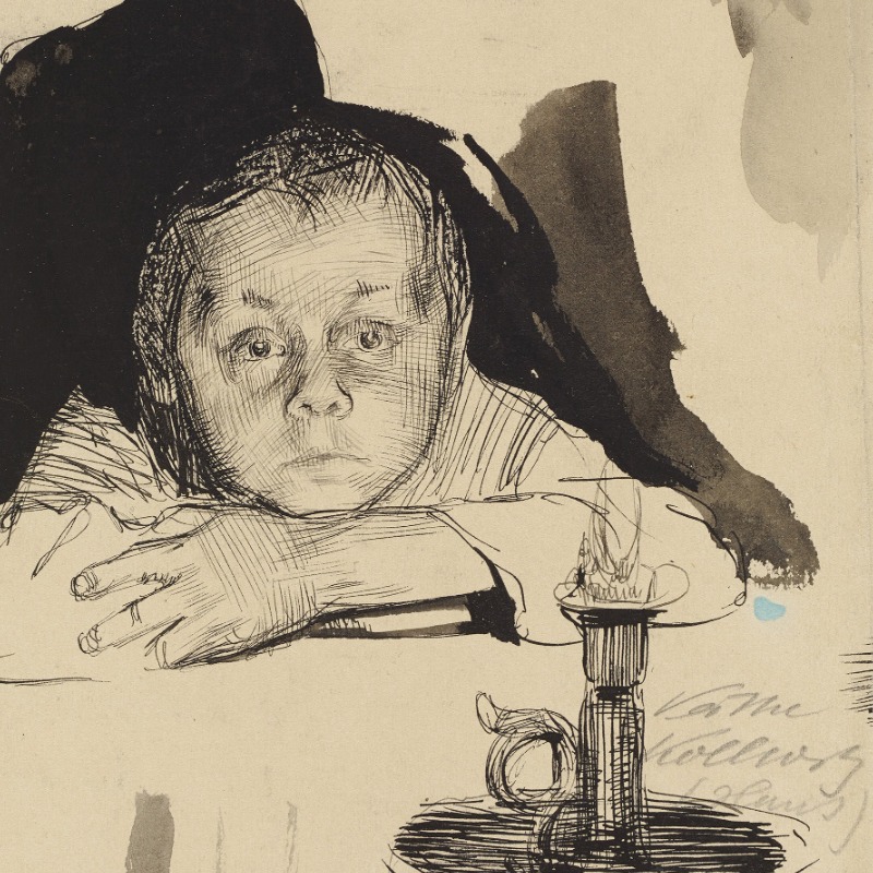 Käthe Kollwitz, Hans Kollwitz mit Kerze, 1895, Feder und Pinsel in Tusche über Bleistift auf Papier, 192 x 174 mm, NT 115, Kollwitz Museum Köln, Inv. Nr. 70200/91002.