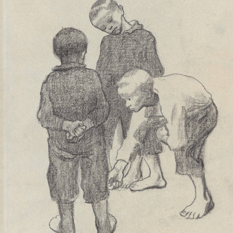 Käthe Kollwitz, Drei Knaben beim Murmelspiel, um 1909/10, schwarze Kreide, auf holländischem Bütten, 568 x 478 mm, NT 581, Kollwitz Museum Köln, Inv. Nr. 70200/07006.