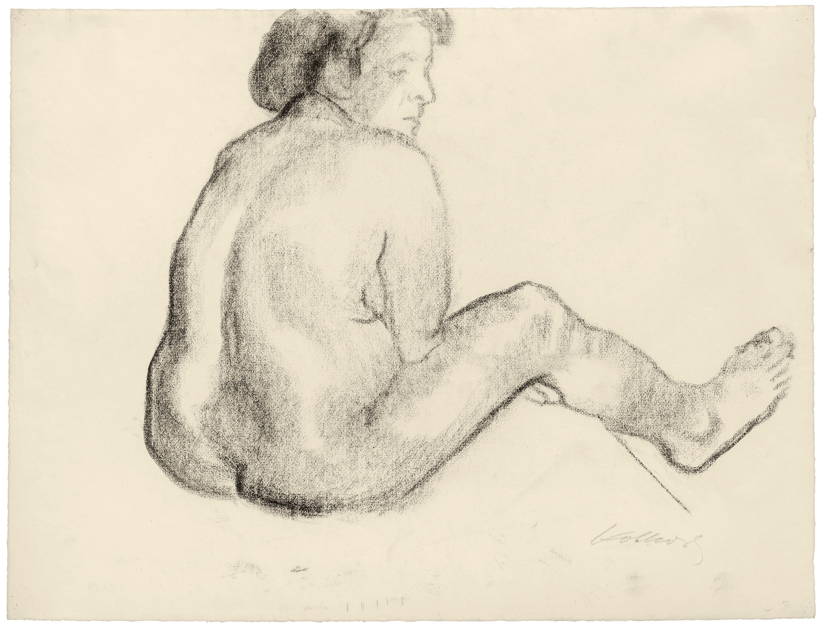 Käthe Kollwitz, Sitzender weiblicher Rückenakt nach rechts, 1910–12, schwarze Kreide auf gelblichem Ingres-Bütten, 482 x 630 mm, NT 673, Kollwitz Museum Köln, Inv. Nr. 70200/02015.