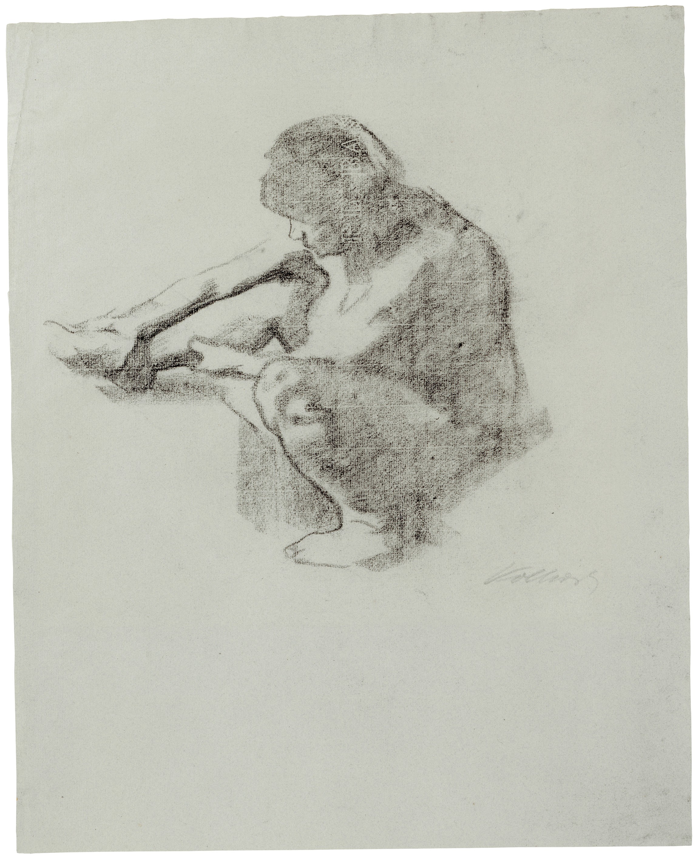 Käthe Kollwitz, Sitzende Frau im Profil nach links, 1912, Kohle auf blaugrauem Ingres-Bütten, 575 x 467 mm, NT 683, Kollwitz Museum Köln, Inv. Nr. 70200/83022.