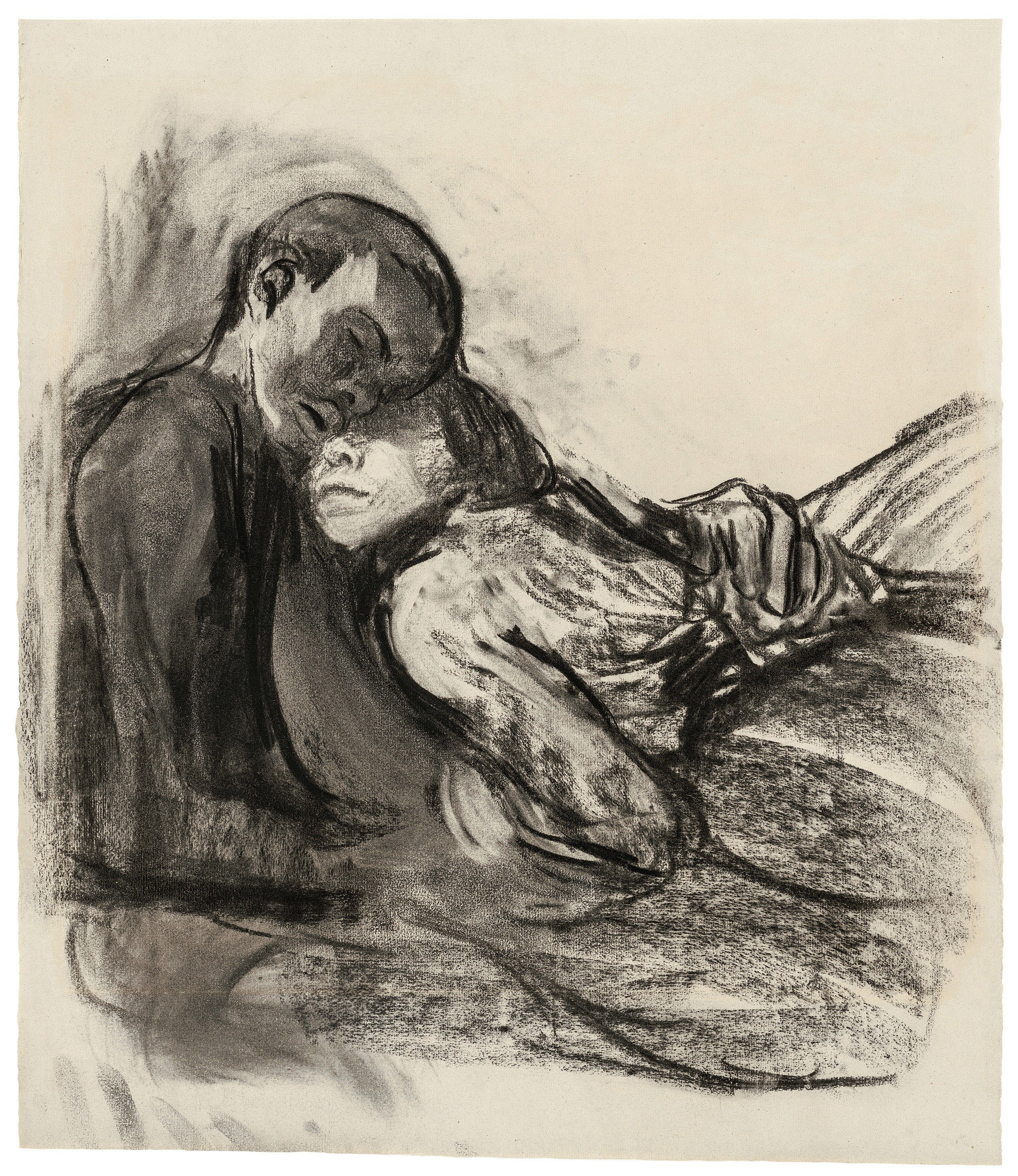 Käthe Kollwitz, Liebespaar, sich aneinander schmiegend, 1909/10, Kohle, gewischt, auf grauem Ingres-Bütten, 560 x 482 mm, NT 559, Kollwitz Museum Köln, Inv. Nr. 70200/ 90041.